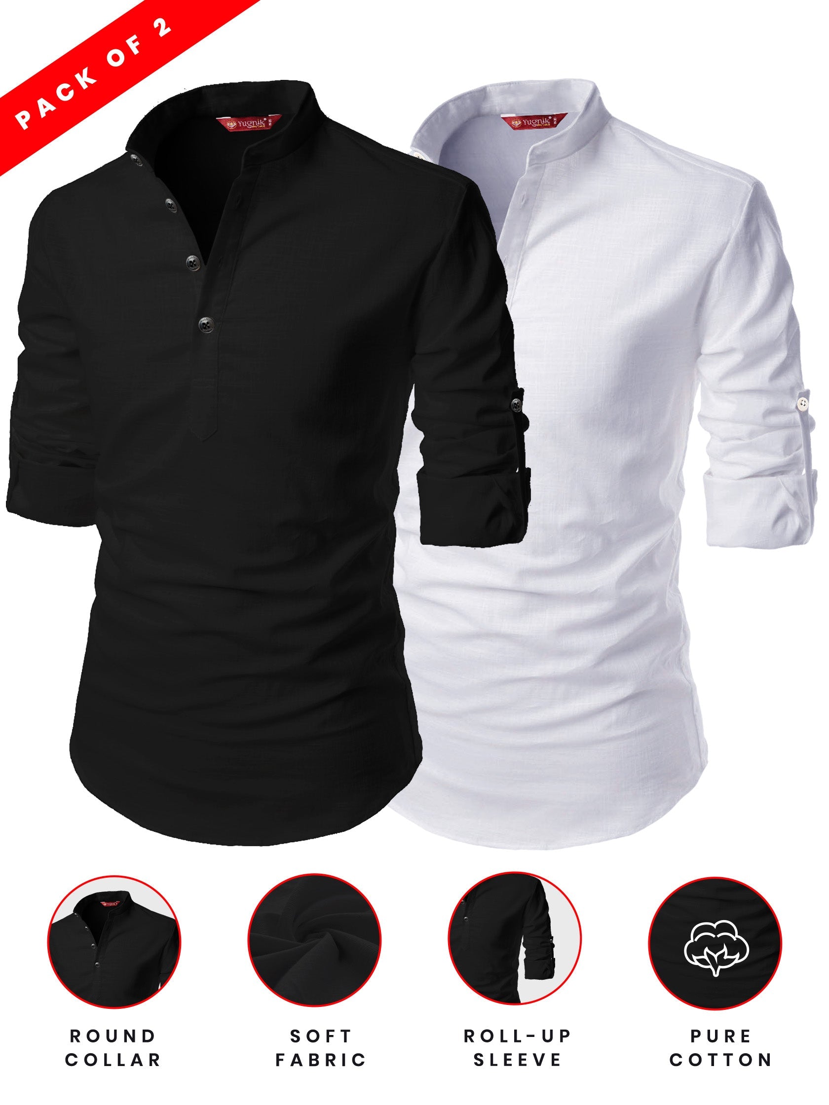 FireFish Men's Slim Fit Peach With Black Color Cotton Short Kurta Pack 2