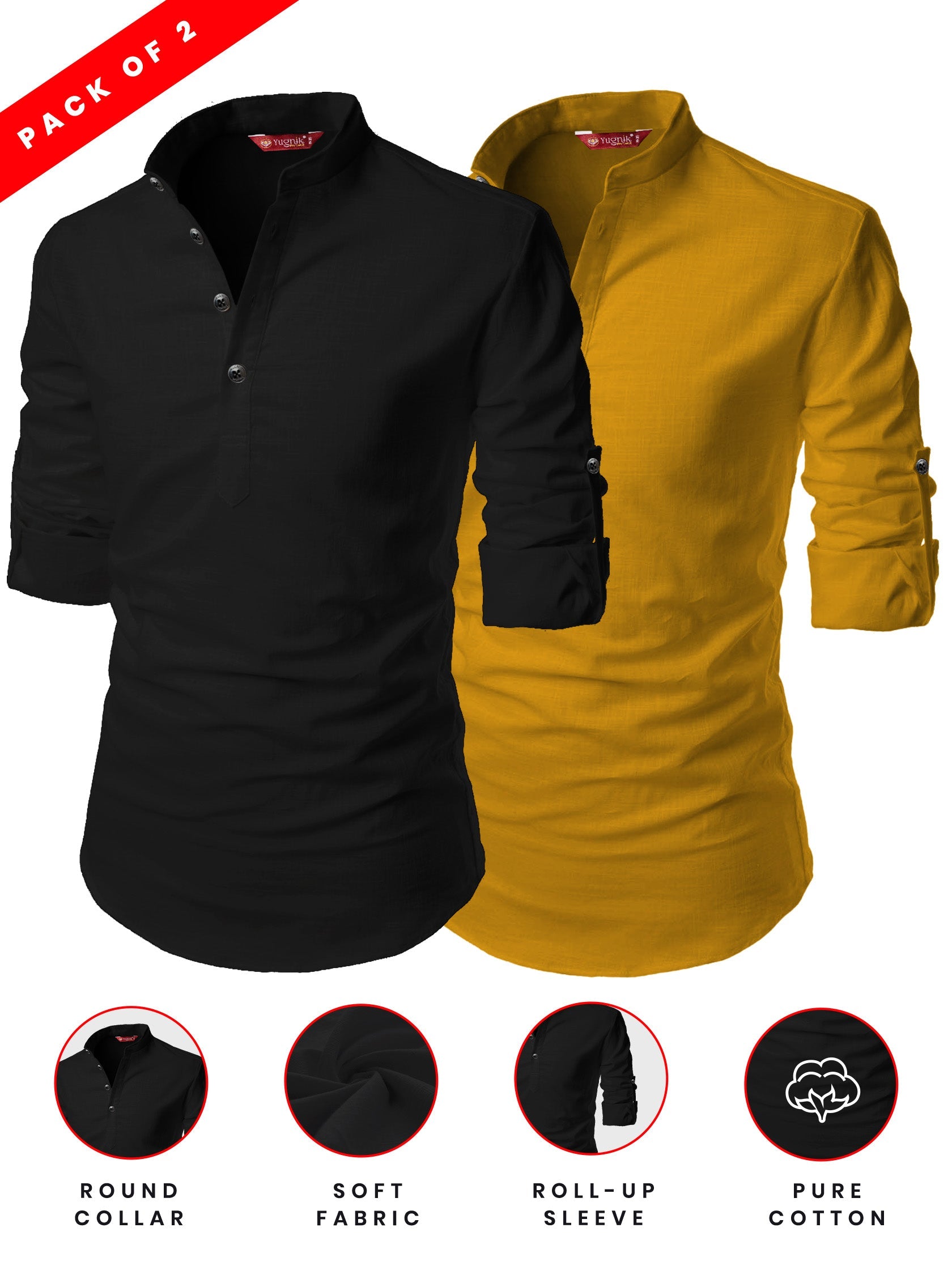 FireFish Men's Slim Fit Peach With Black Color Cotton Short Kurta Pack 2