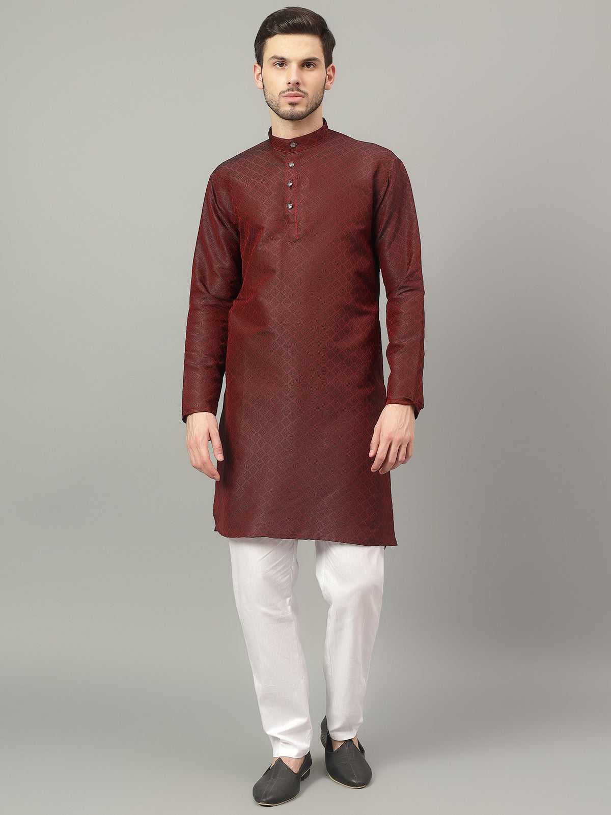 FireFish Brown Geometric Woven Design Straight Jacquard Kurta with Pyjamas Set