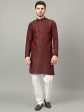 FireFish Brown Geometric Woven Design Straight Jacquard Kurta with Pyjamas Set