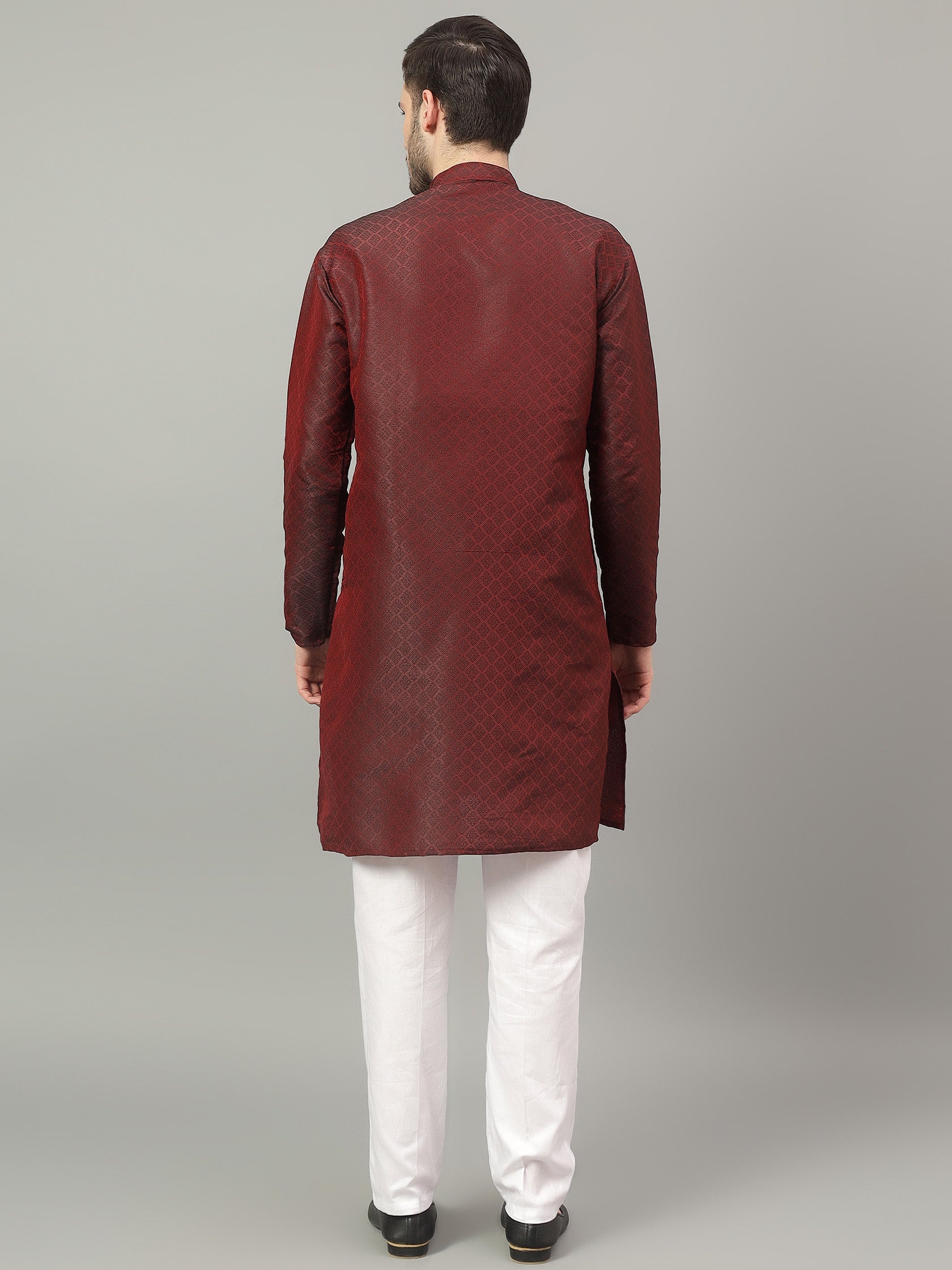 FireFish Brown Geometric Woven Design Straight Jacquard Kurta with Pyjamas Set