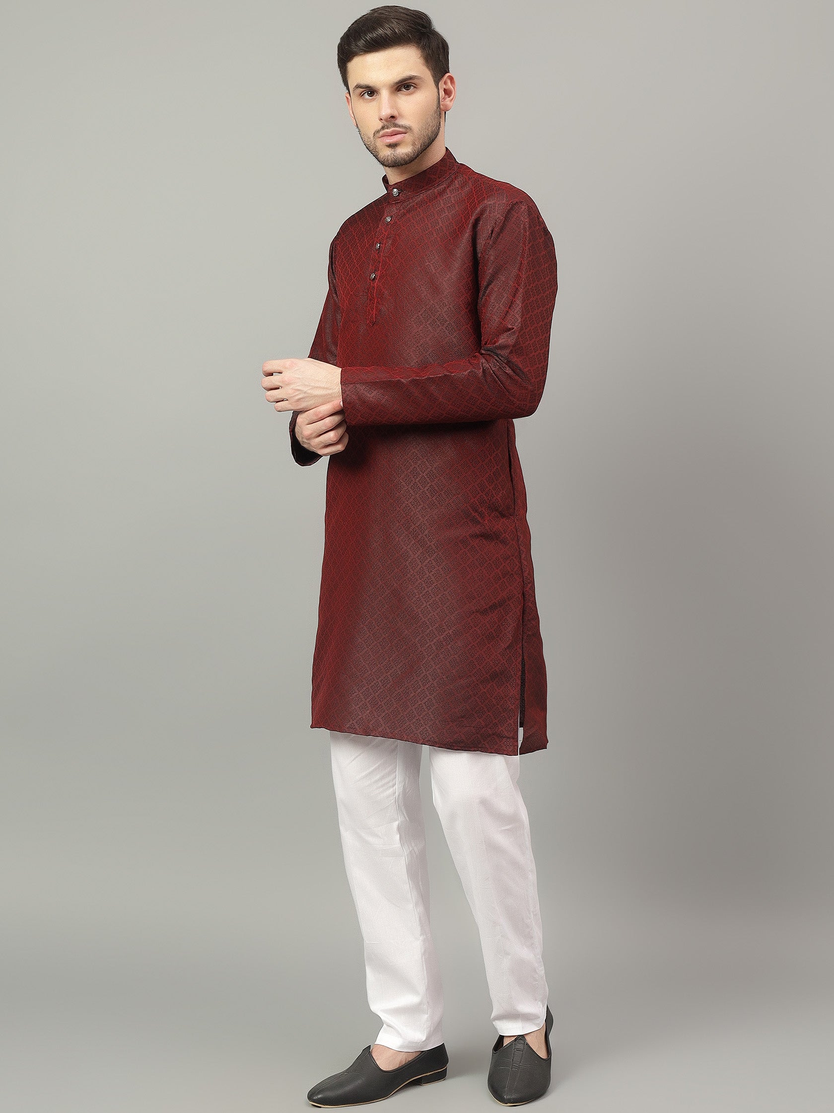 FireFish Brown Geometric Woven Design Straight Jacquard Kurta with Pyjamas Set