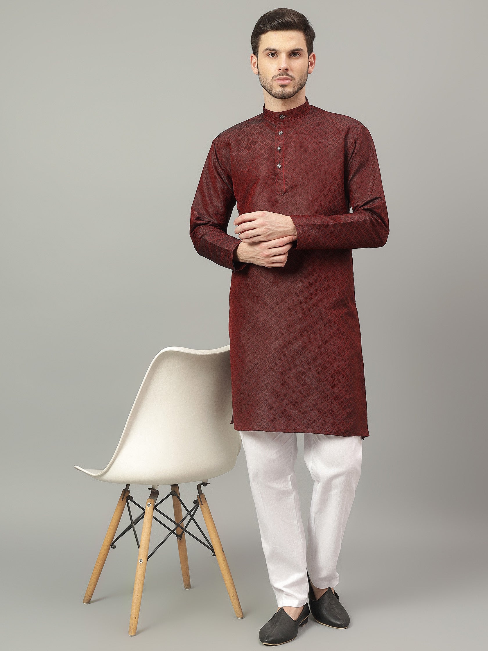 FireFish Brown Geometric Woven Design Straight Jacquard Kurta with Pyjamas Set
