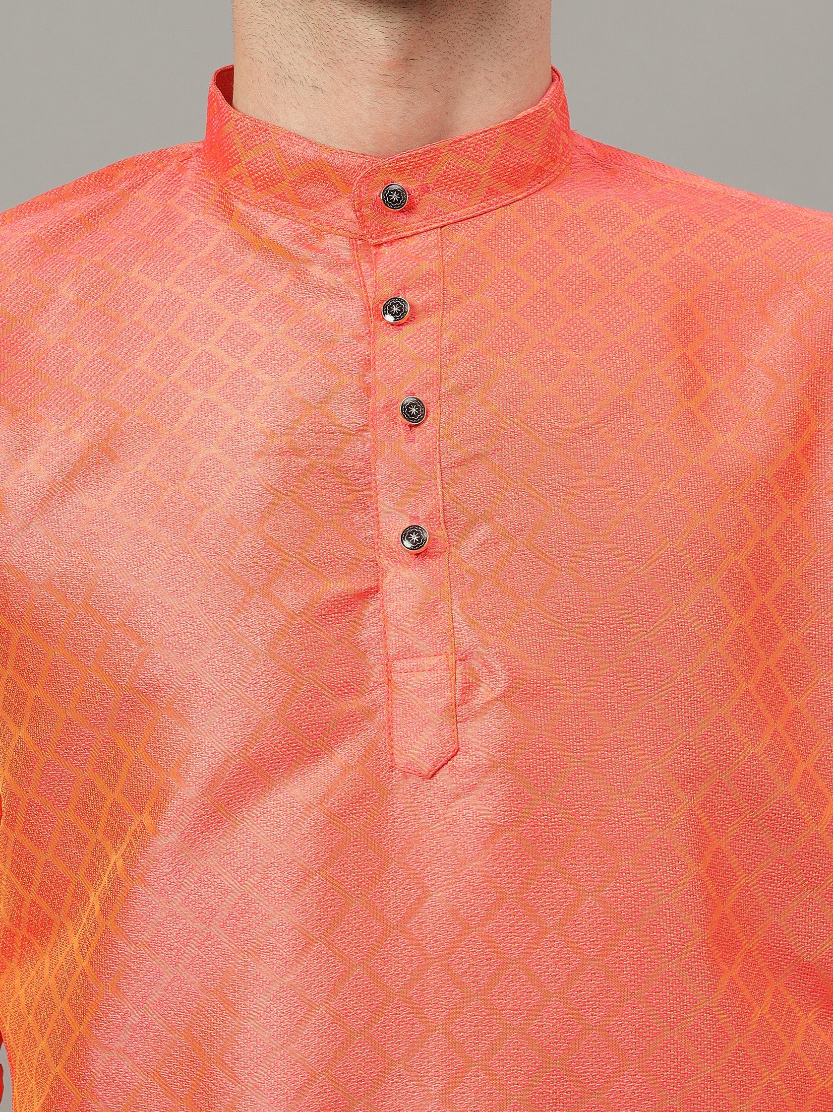 FireFish Brown Geometric Woven Design Straight Jacquard Kurta with Pyjamas Set