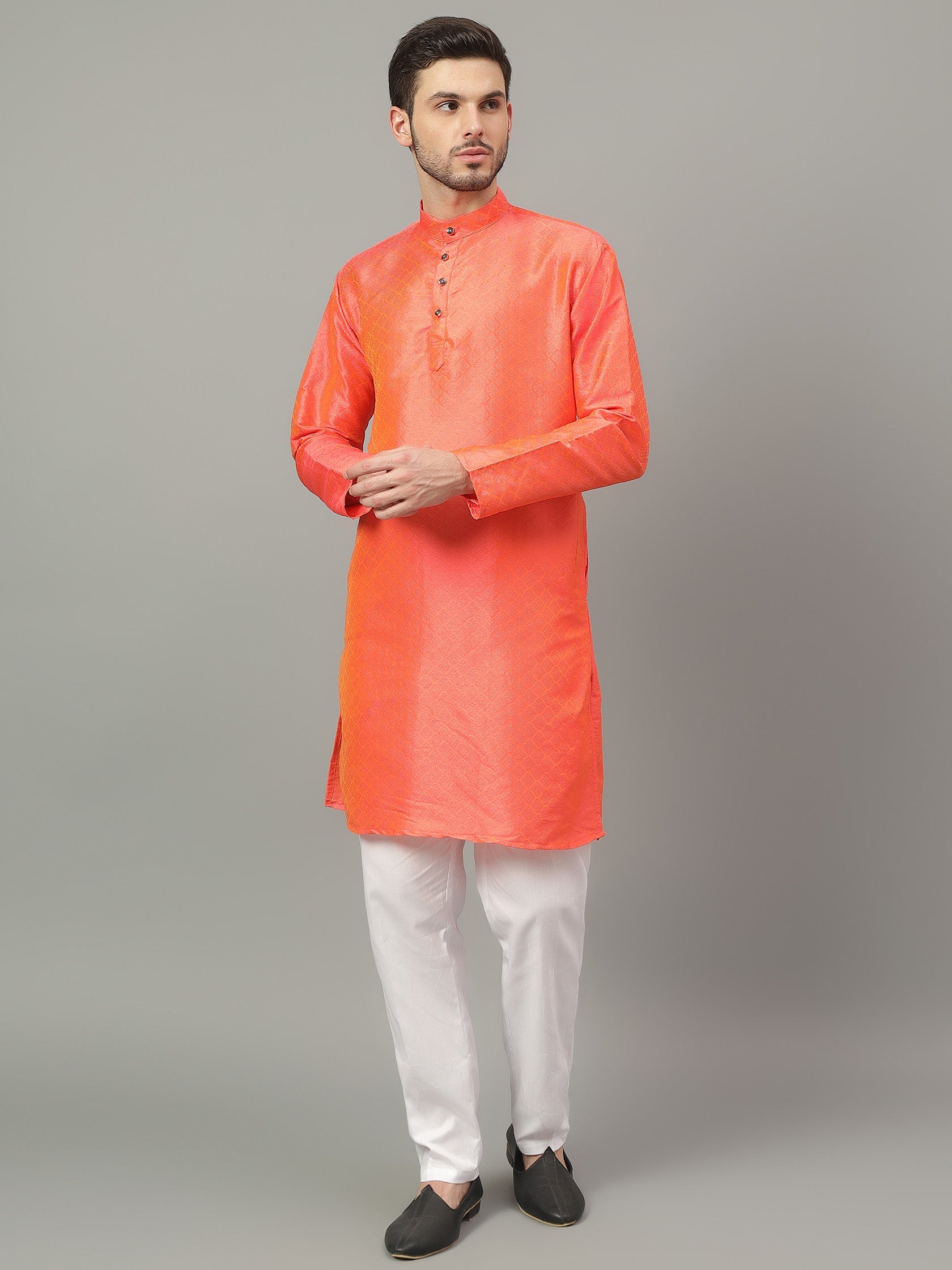FireFish Brown Geometric Woven Design Straight Jacquard Kurta with Pyjamas Set