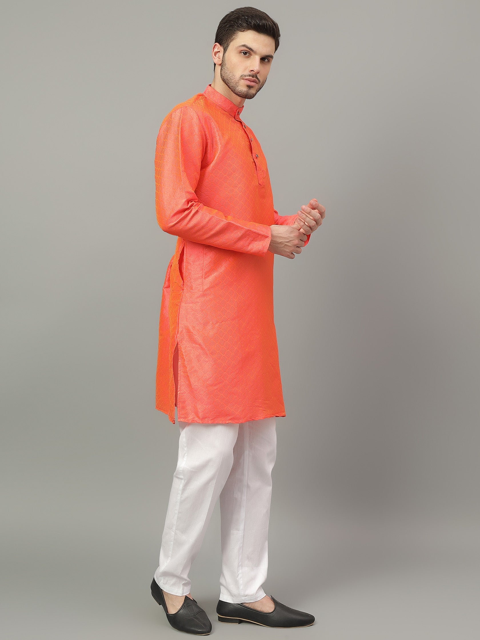 FireFish Brown Geometric Woven Design Straight Jacquard Kurta with Pyjamas Set