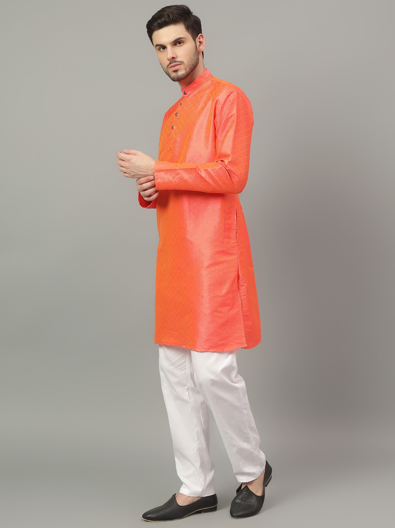 FireFish Brown Geometric Woven Design Straight Jacquard Kurta with Pyjamas Set