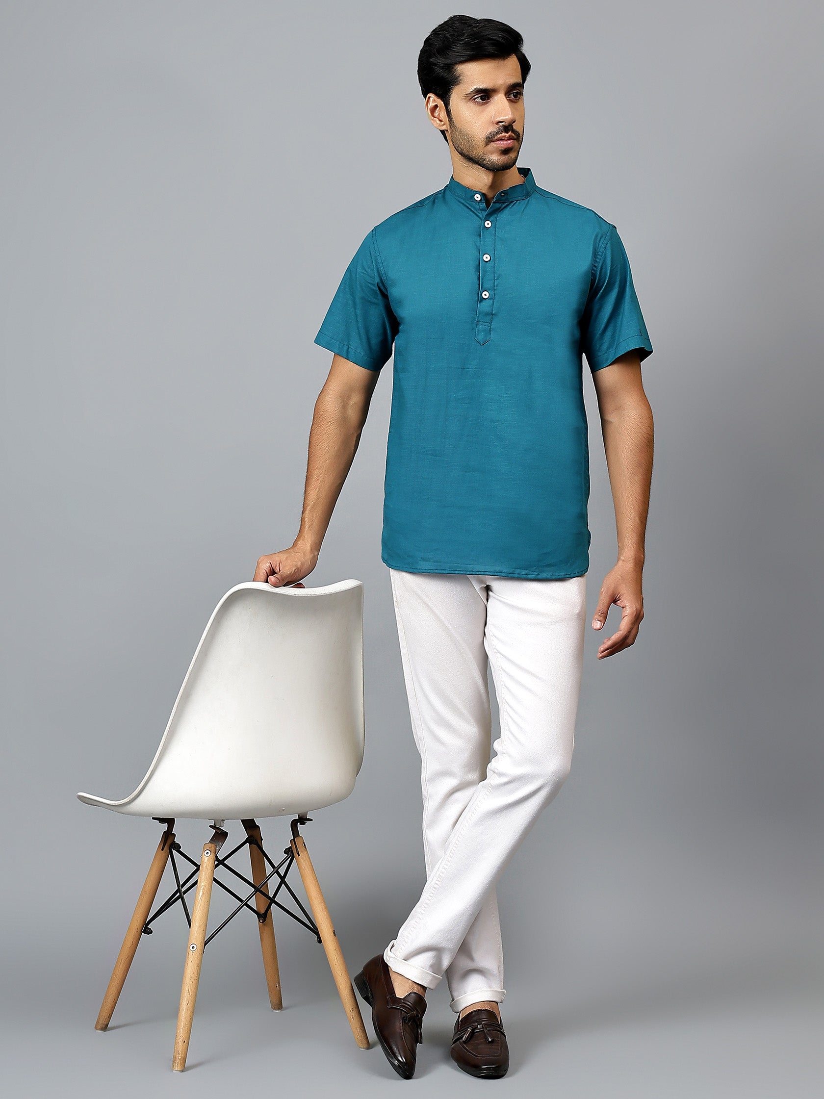 FireFish Men's Slim Fit Beige with White Color Pure Cotton Half Sleeve Short Kurta Pack 2