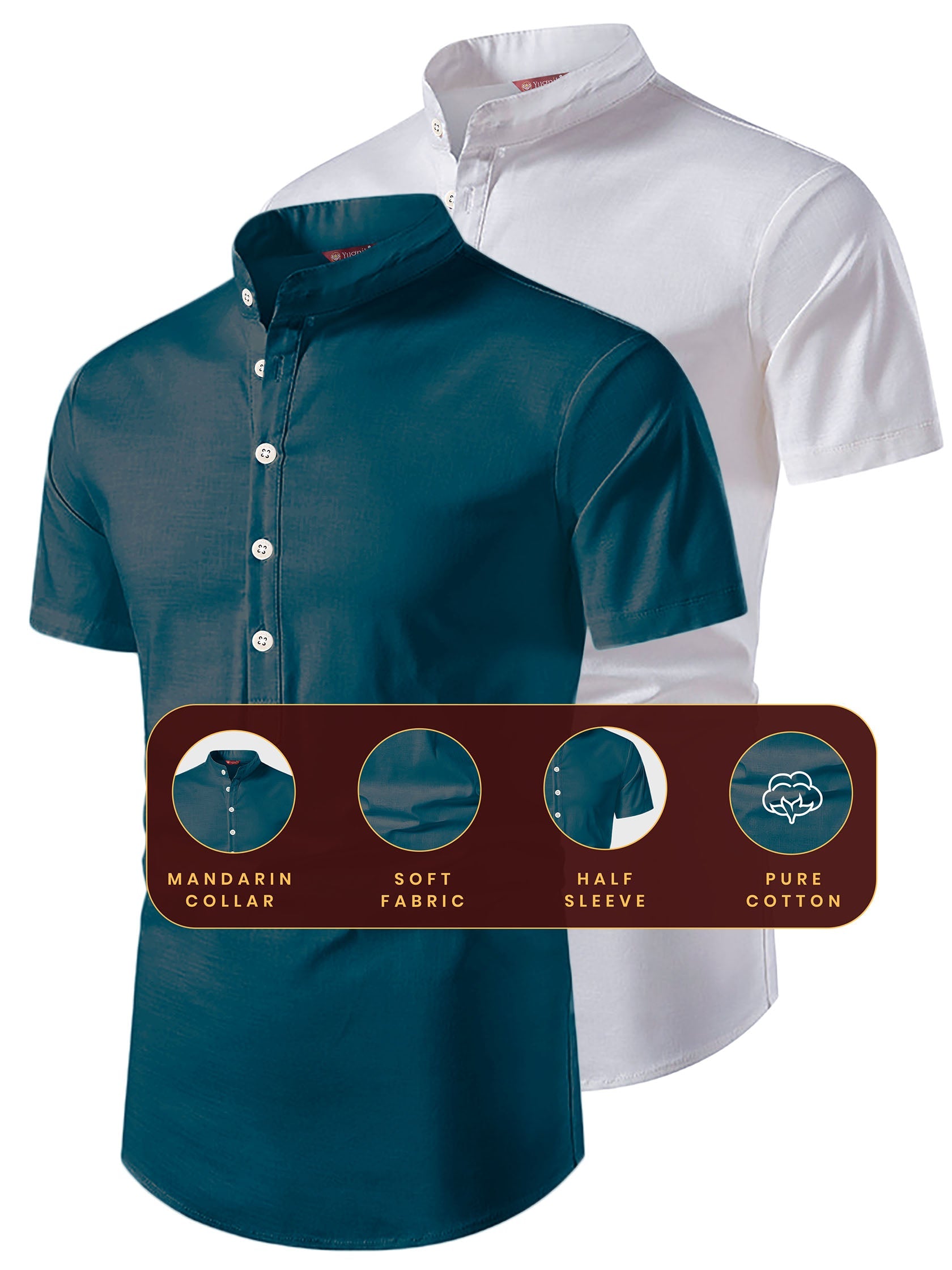 FireFish Men's Slim Fit Beige with White Color Pure Cotton Half Sleeve Short Kurta Pack 2