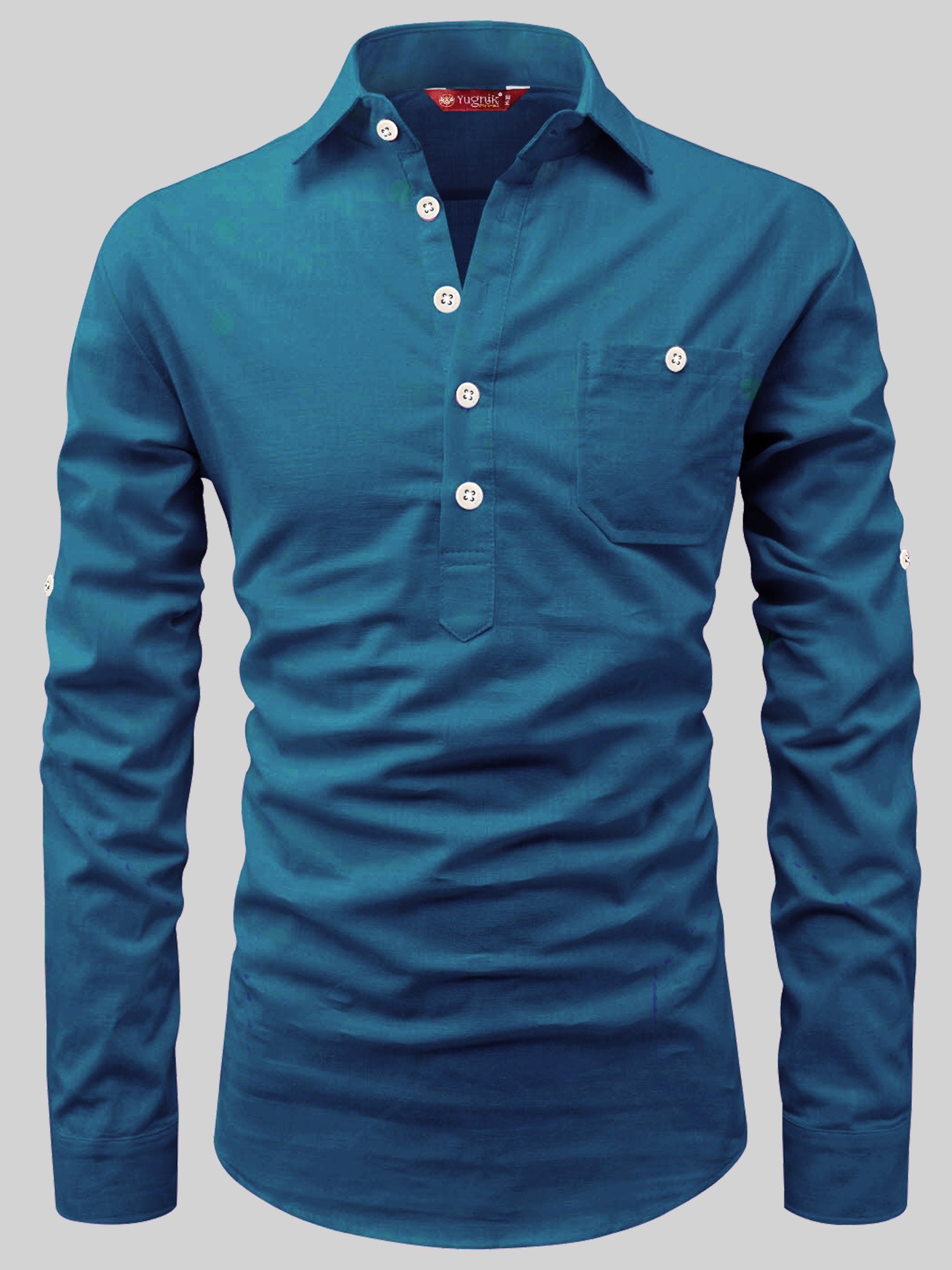 FireFish Men's Slim Fit Dark Teal With White Cotton Short Kurta Pack 2