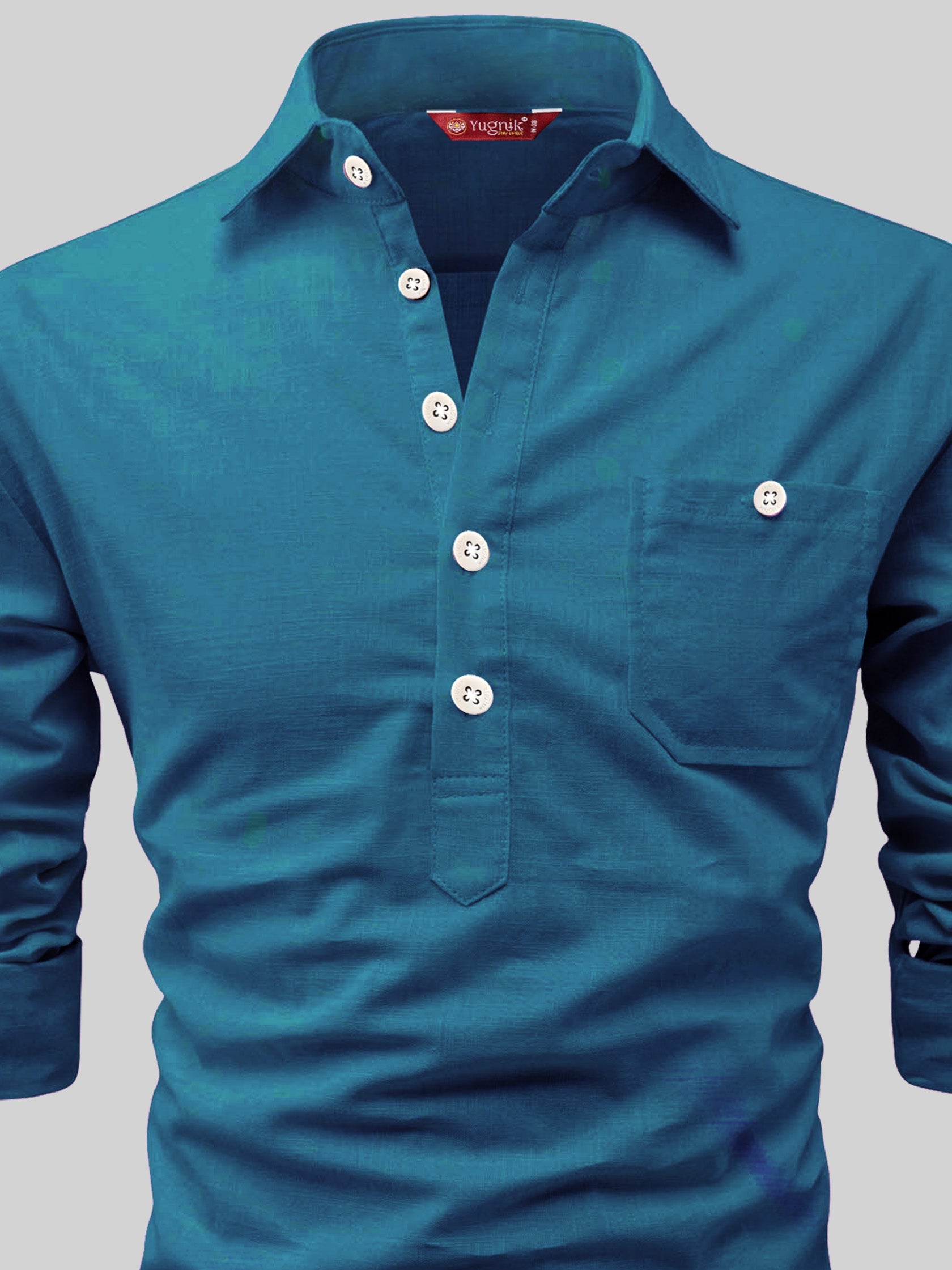 FireFish Men's Slim Fit Dark Teal With White Cotton Short Kurta Pack 2