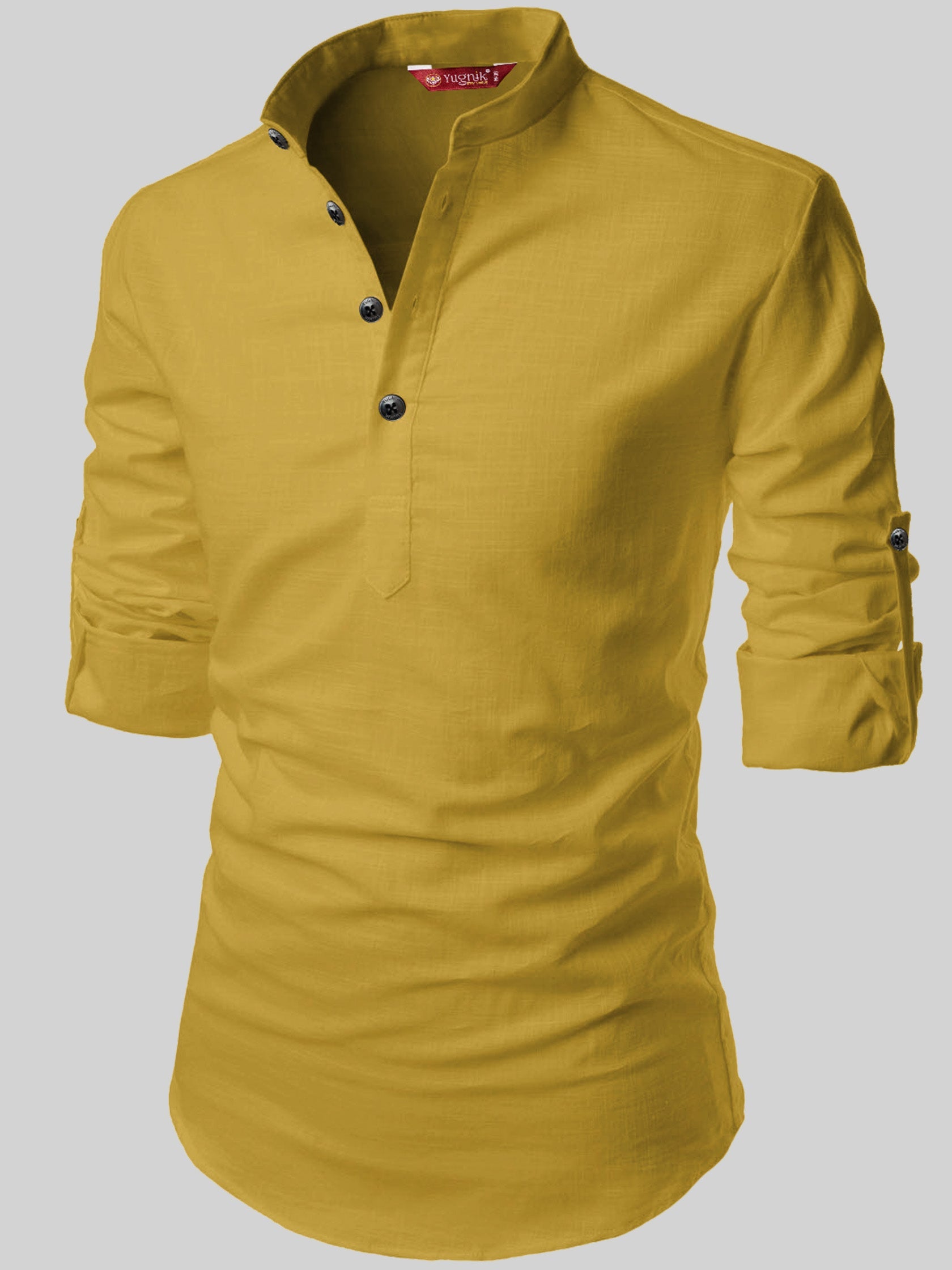 FireFish Men's Slim Fit Full Sleeve Yellow Cotton Short Kurta