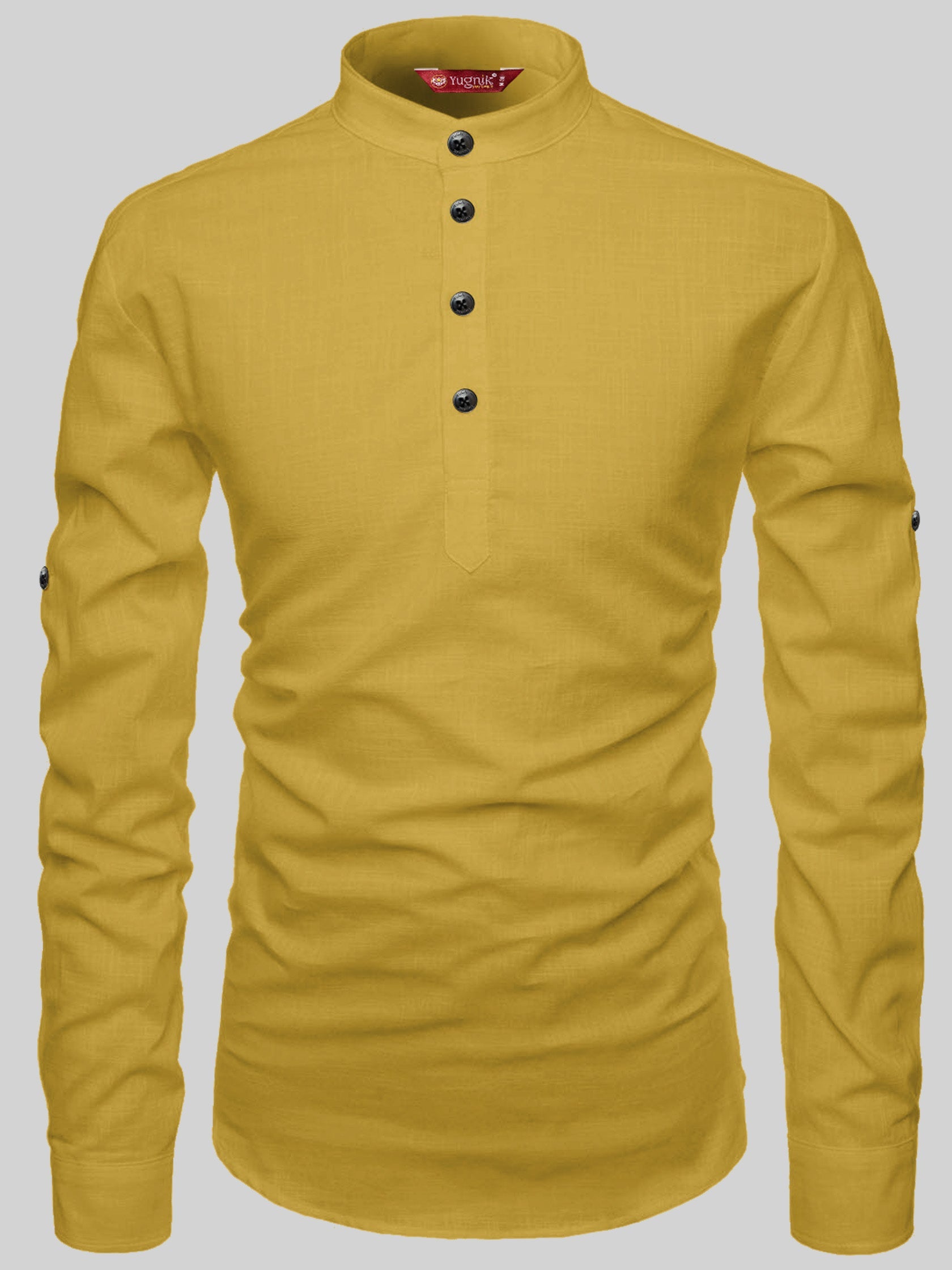 FireFish Men's Slim Fit Full Sleeve Yellow Cotton Short Kurta