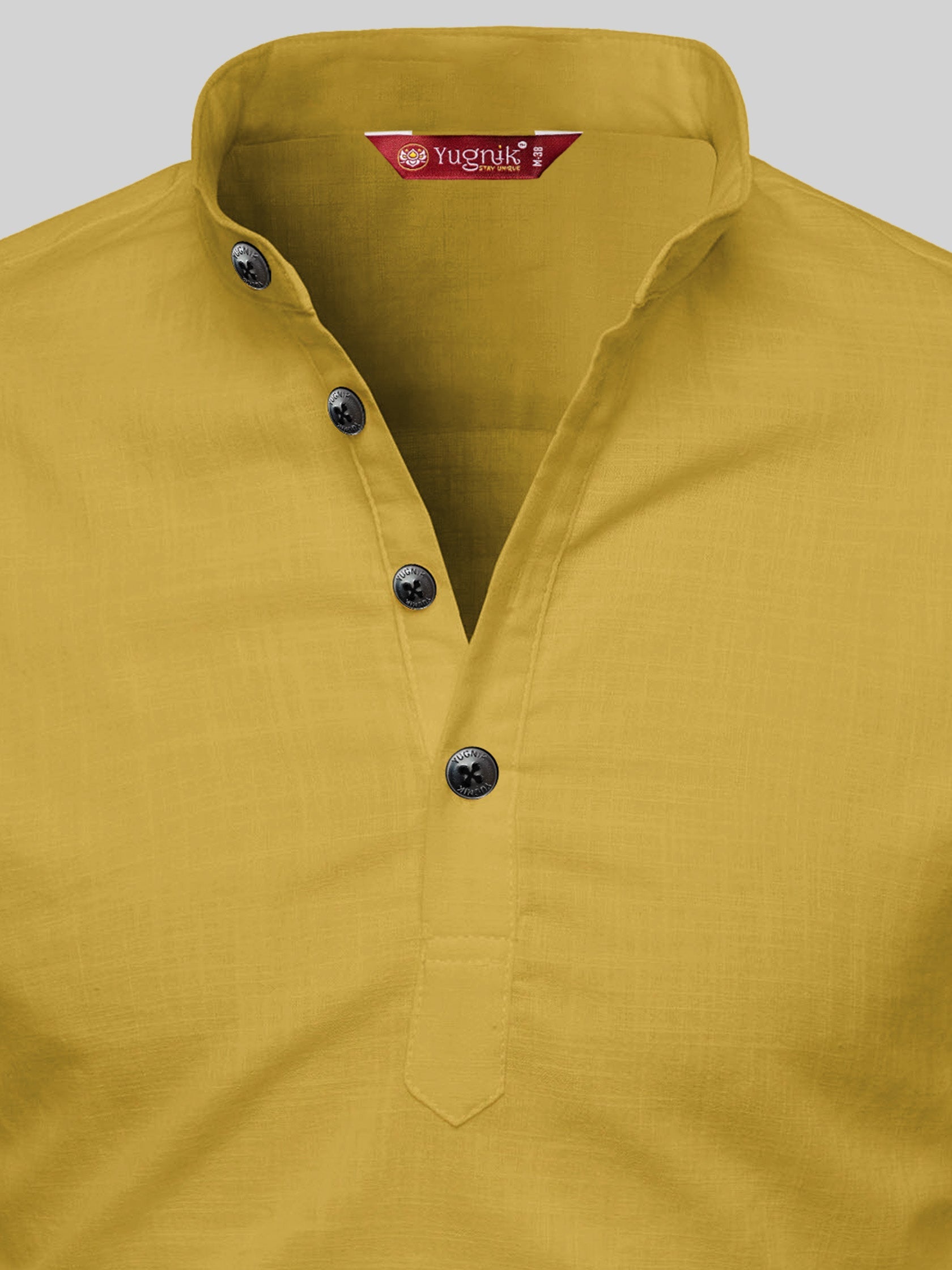 FireFish Men's Slim Fit Full Sleeve Yellow Cotton Short Kurta