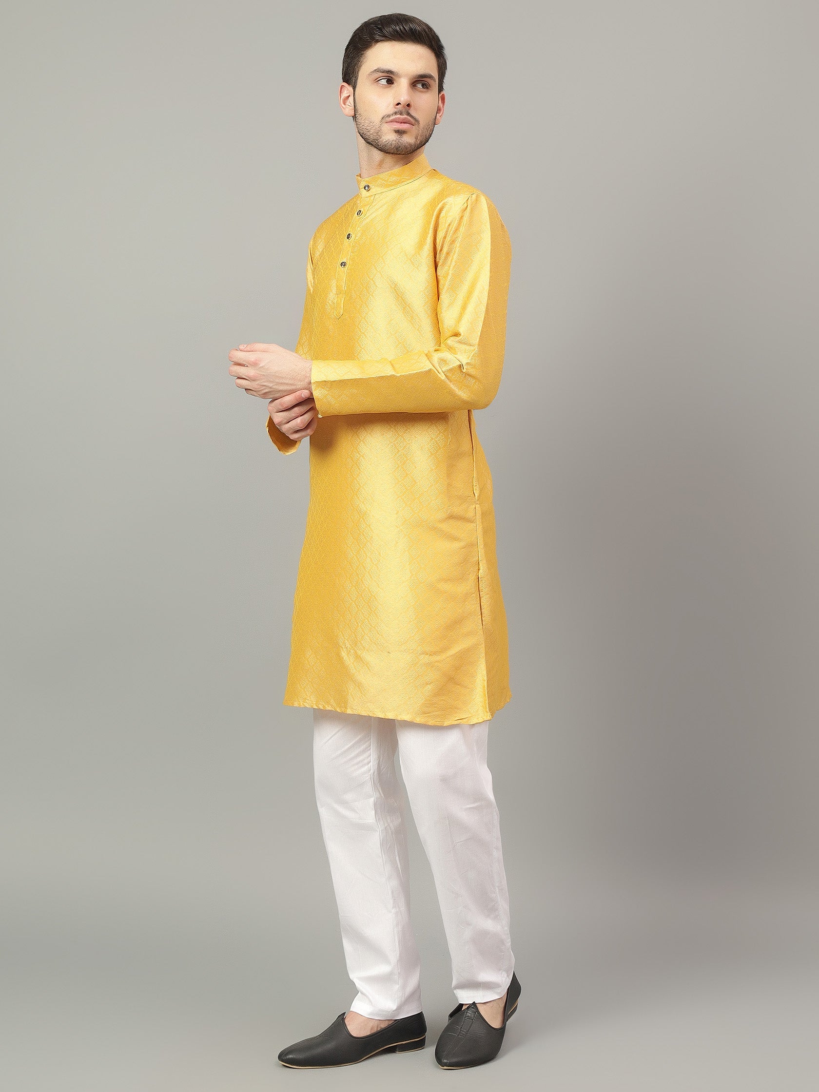 FireFish Brown Geometric Woven Design Straight Jacquard Kurta with Pyjamas Set