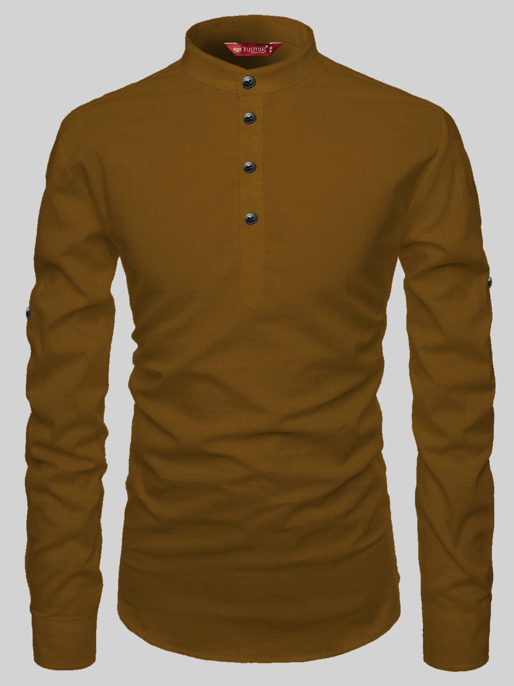FireFish Men's Slim Fit Full Sleeve Yellow Cotton Short Kurta