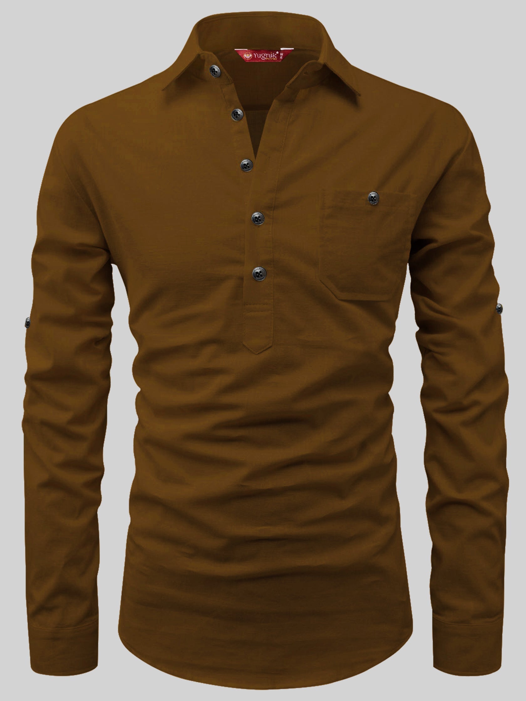 FireFish Men's Slim Fit Dark Teal With White Cotton Short Kurta Pack 2