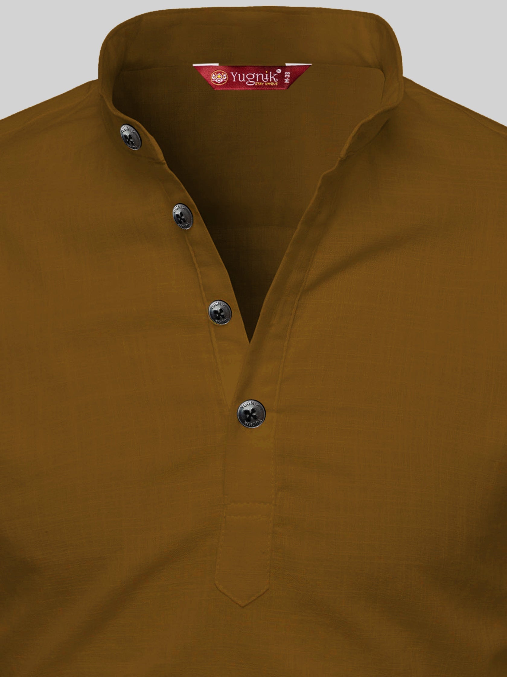 FireFish Men's Slim Fit Full Sleeve Yellow Cotton Short Kurta