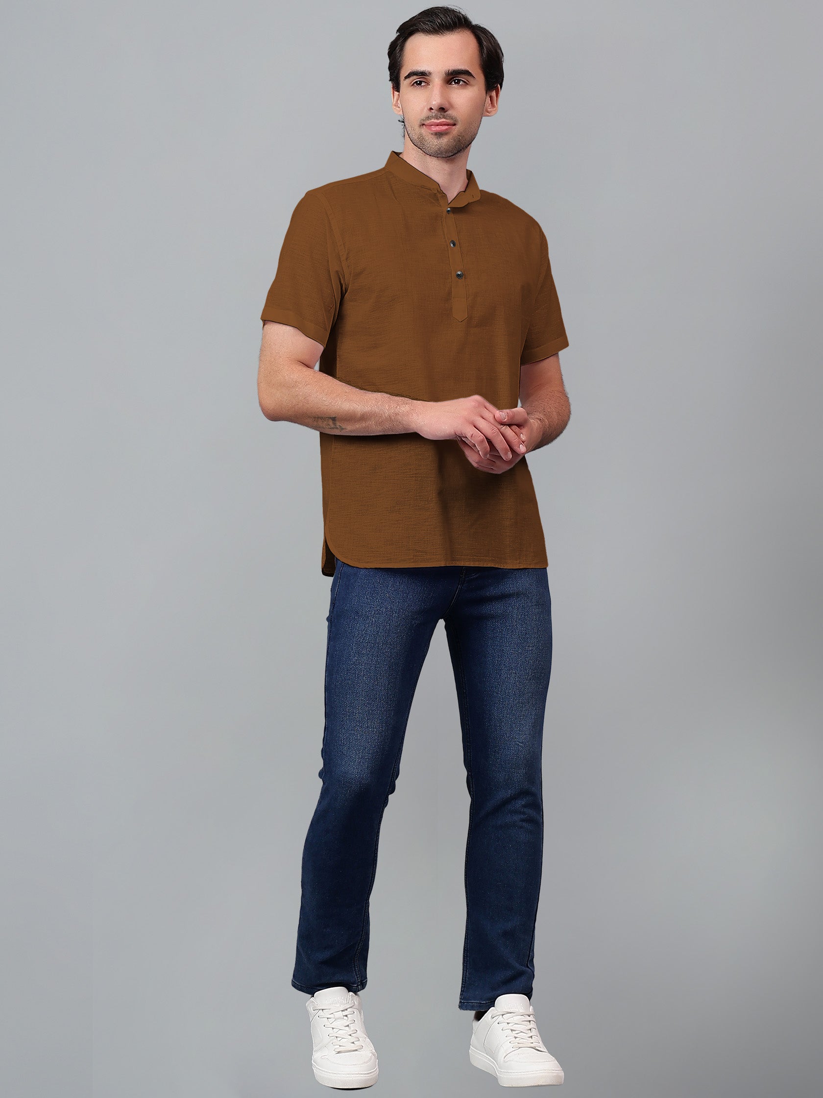 FireFish Men's Slim Fit Half Sleeve Beige Color Pure Cotton Short Kurta