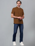 FireFish Men's Slim Fit Half Sleeve Beige Color Pure Cotton Short Kurta