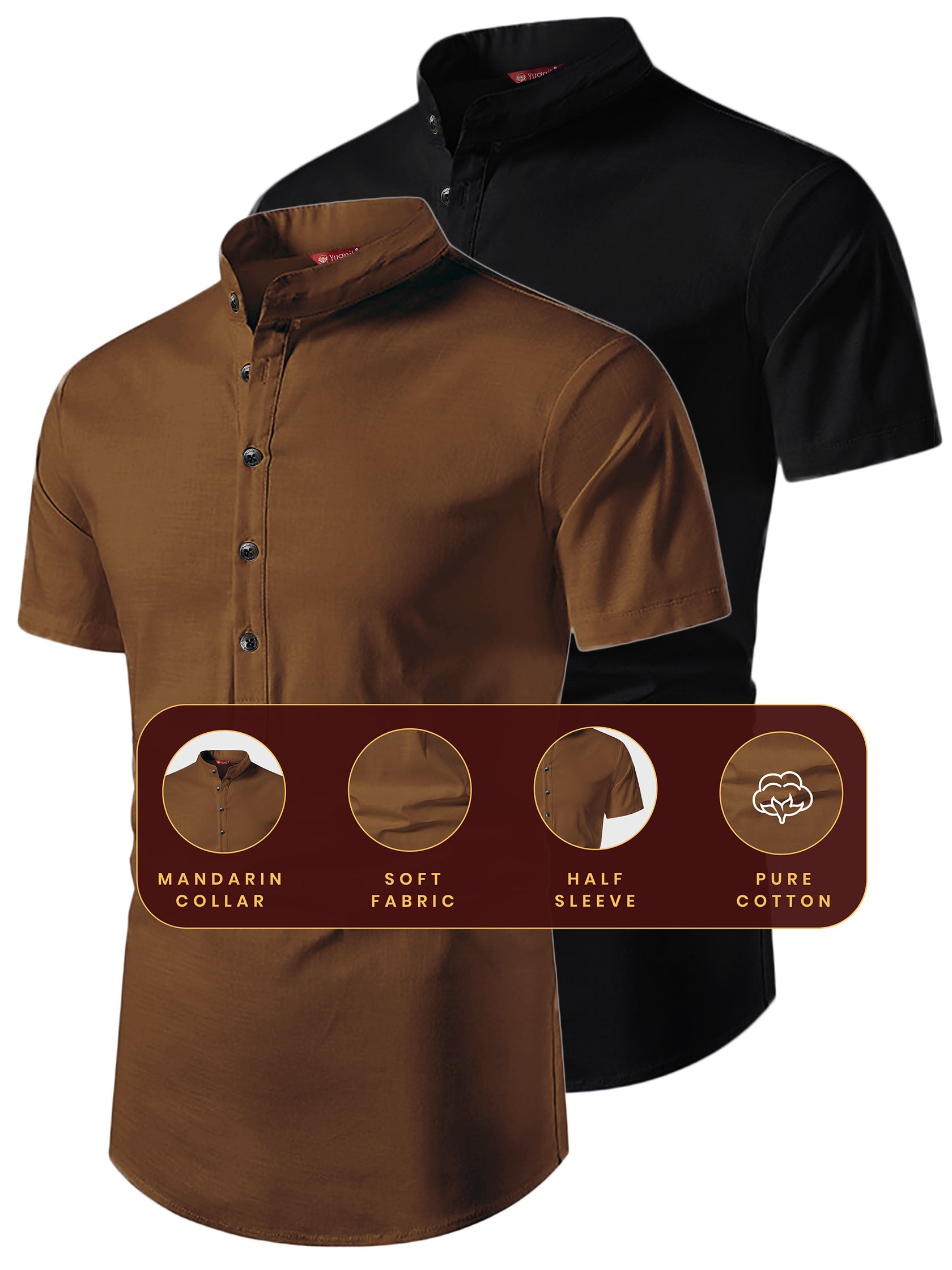 FireFish Men's Slim Fit Beige with Black Color Pure Cotton Half Sleeve Short Kurta Pack 2