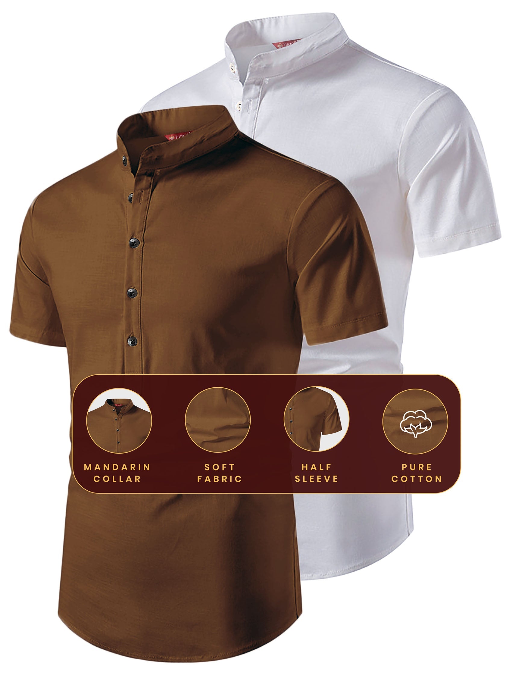 FireFish Men's Slim Fit Beige with White Color Pure Cotton Half Sleeve Short Kurta Pack 2