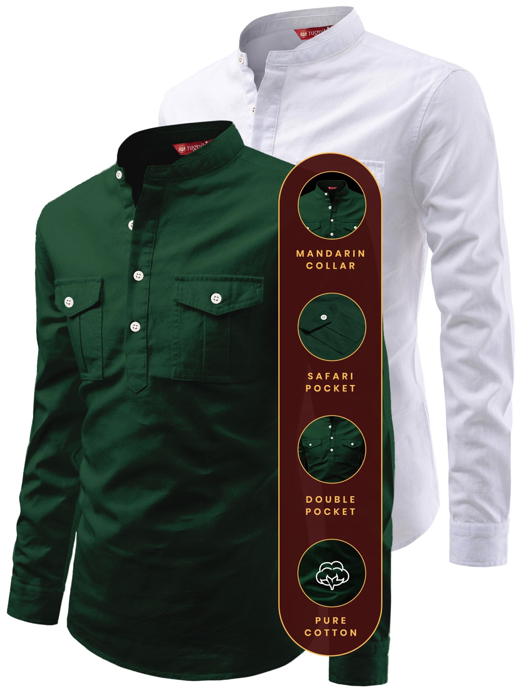 FireFish Men's Slim Fit Double Pocket Beige With White Cotton Short Kurta Pack 2