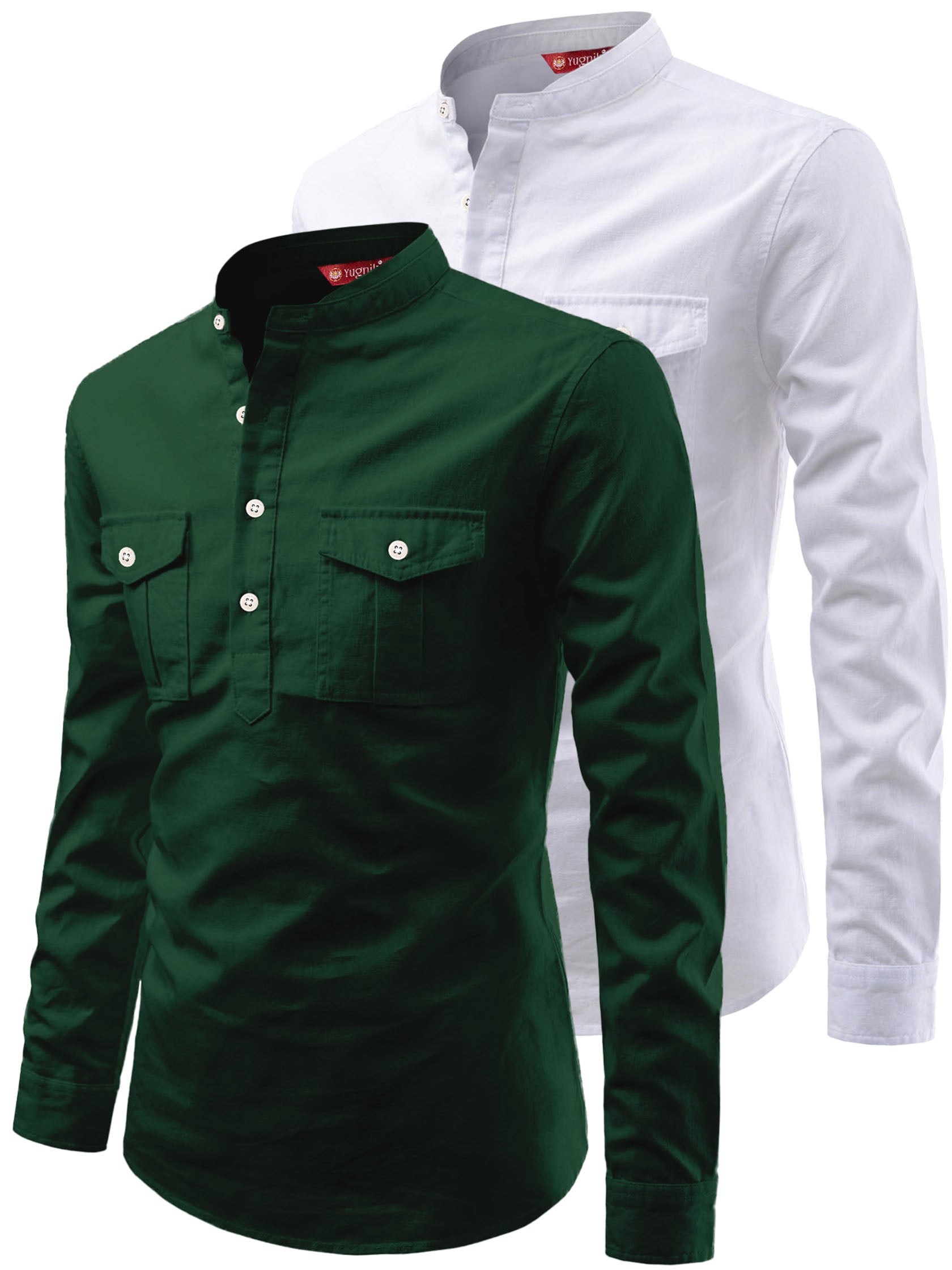 FireFish Men's Slim Fit Double Pocket Beige With White Cotton Short Kurta Pack 2