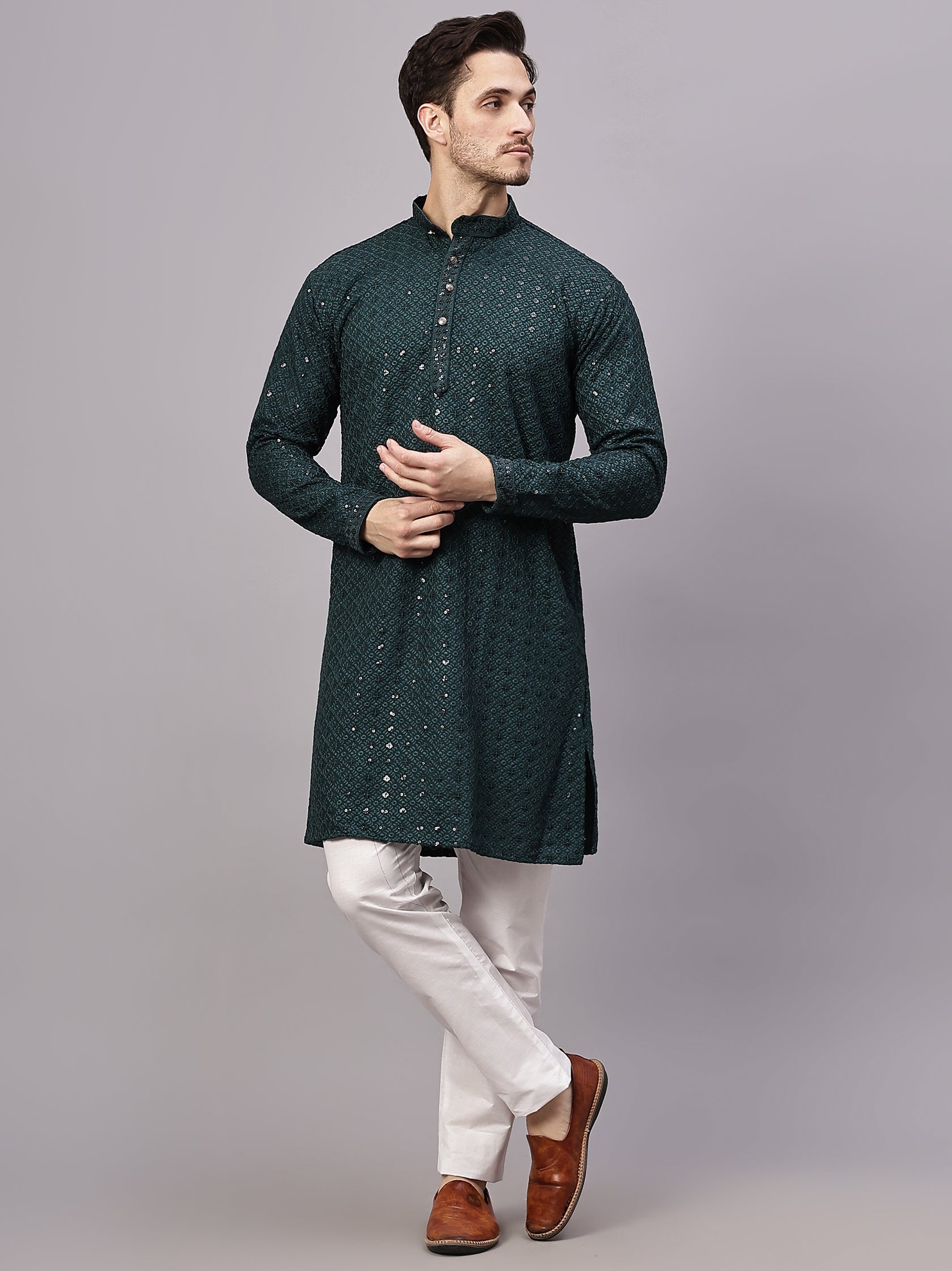 FireFish Men's Pista Chikankari Florist Sequined Long Kurta Set