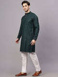 FireFish Men's Pista Chikankari Florist Sequined Long Kurta Set