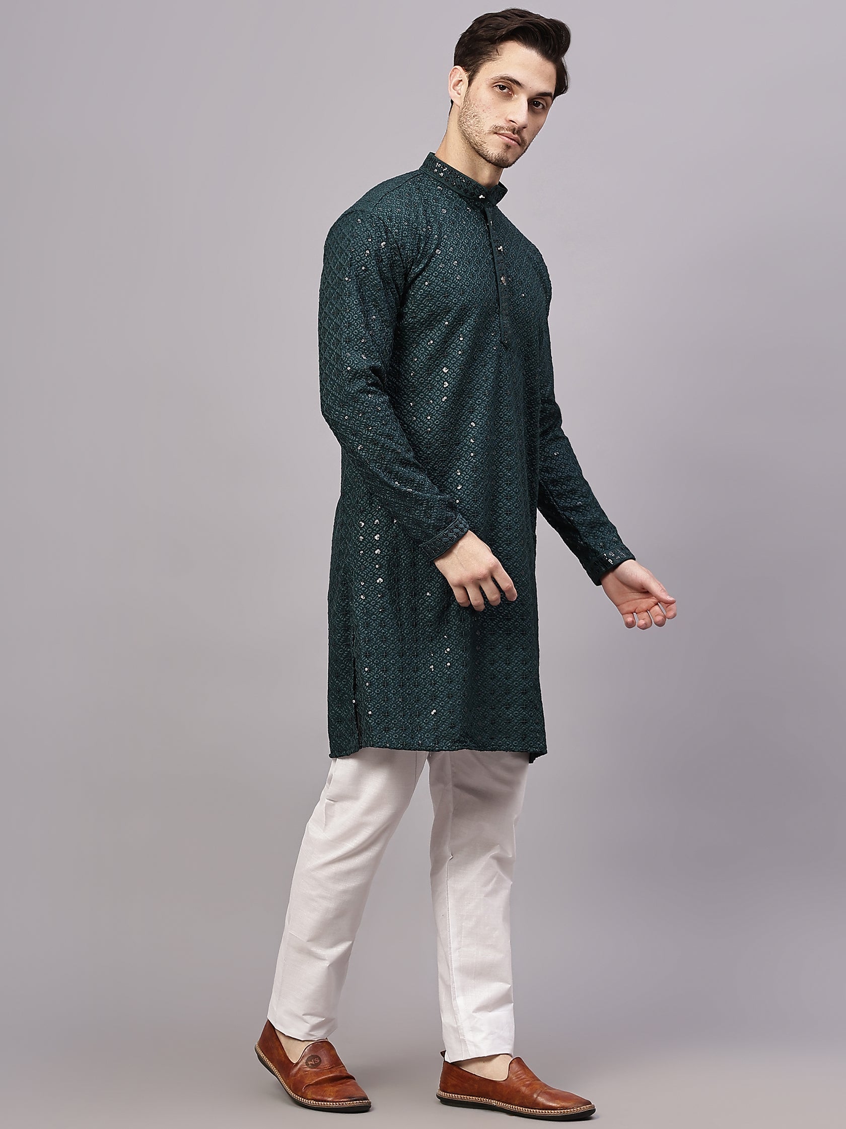 FireFish Men's Pista Chikankari Florist Sequined Long Kurta Set