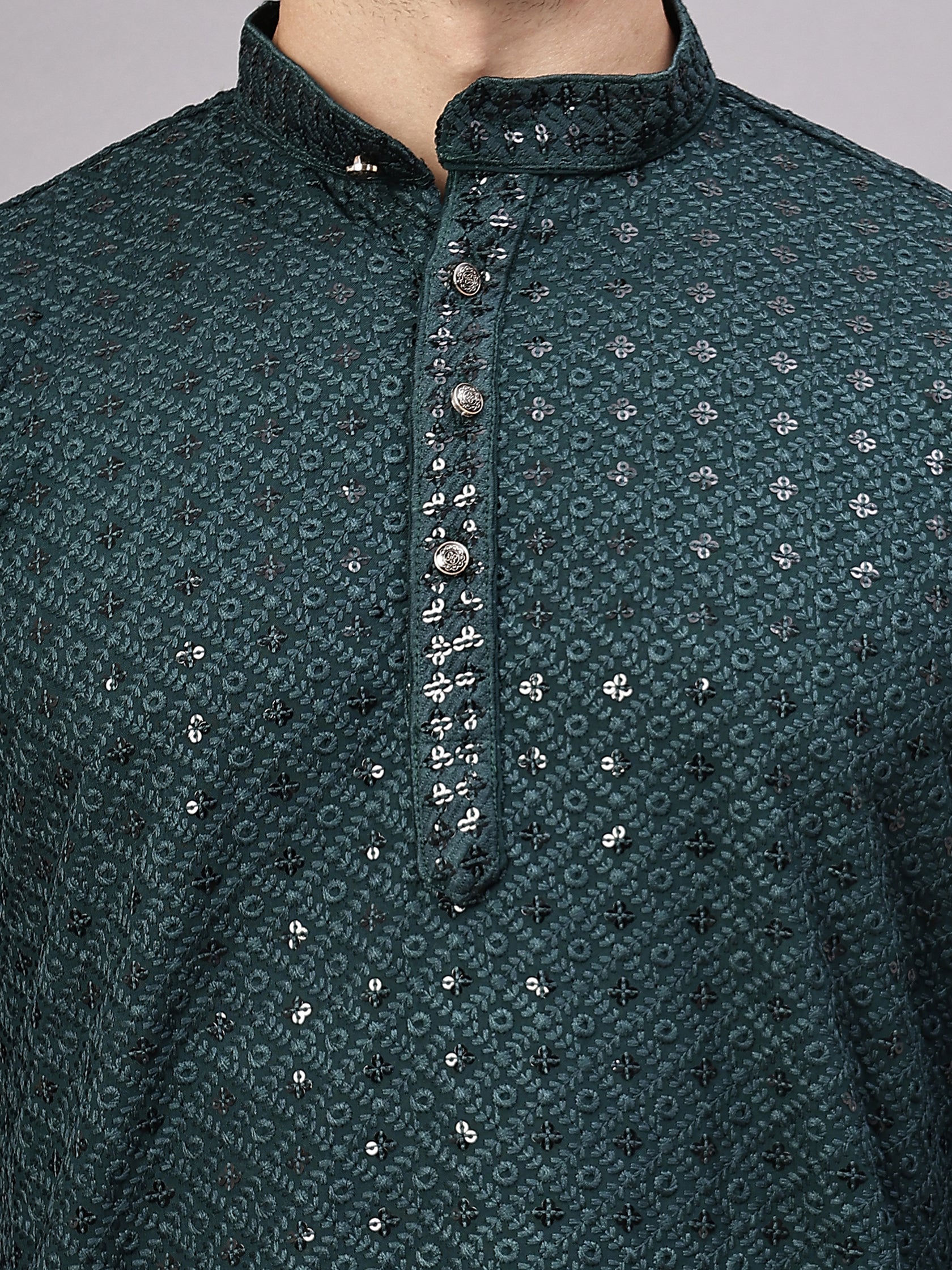 FireFish Men's Pista Chikankari Florist Sequined Long Kurta Set