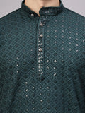 FireFish Men's Pista Chikankari Florist Sequined Long Kurta Set