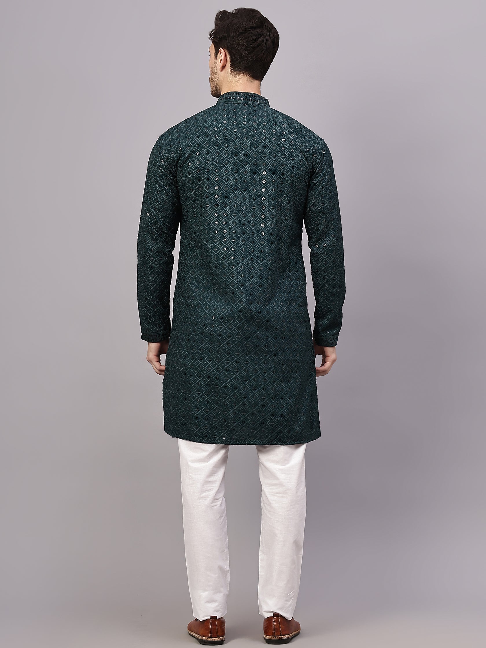 FireFish Men's Pista Chikankari Florist Sequined Long Kurta Set