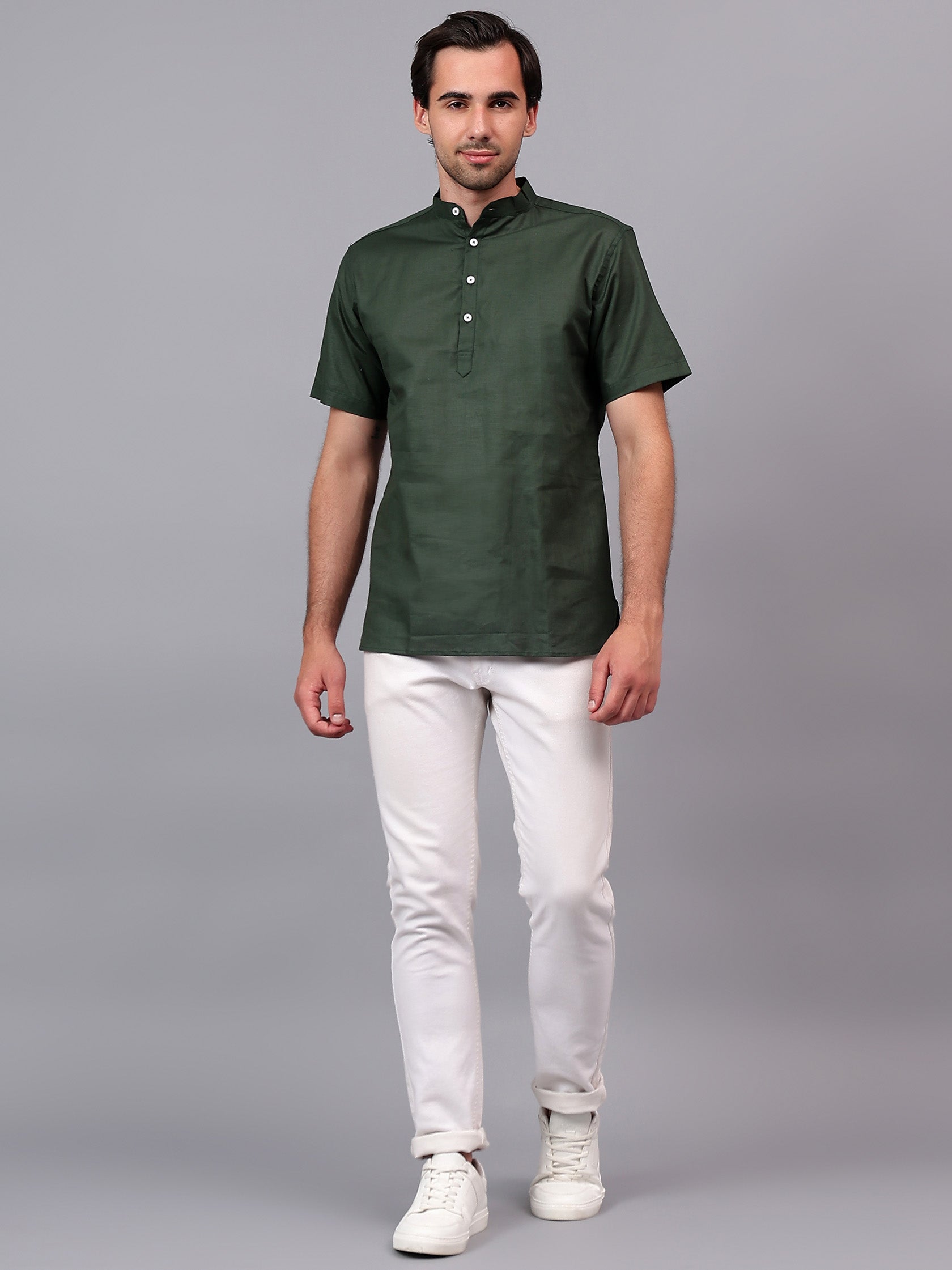 FireFish Men's Slim Fit Beige with White Color Pure Cotton Half Sleeve Short Kurta Pack 2