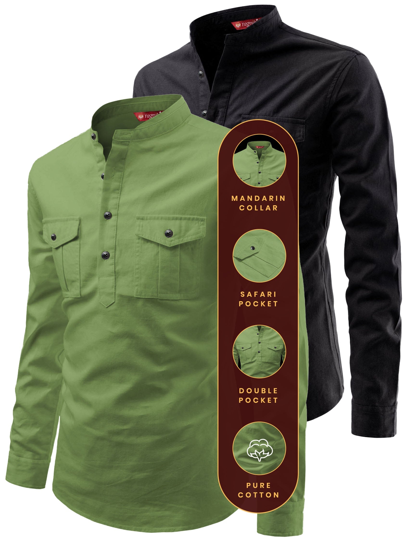 FireFish Men's Slim Fit Double Pocket Beige With Black Cotton Short Kurta Pack 2