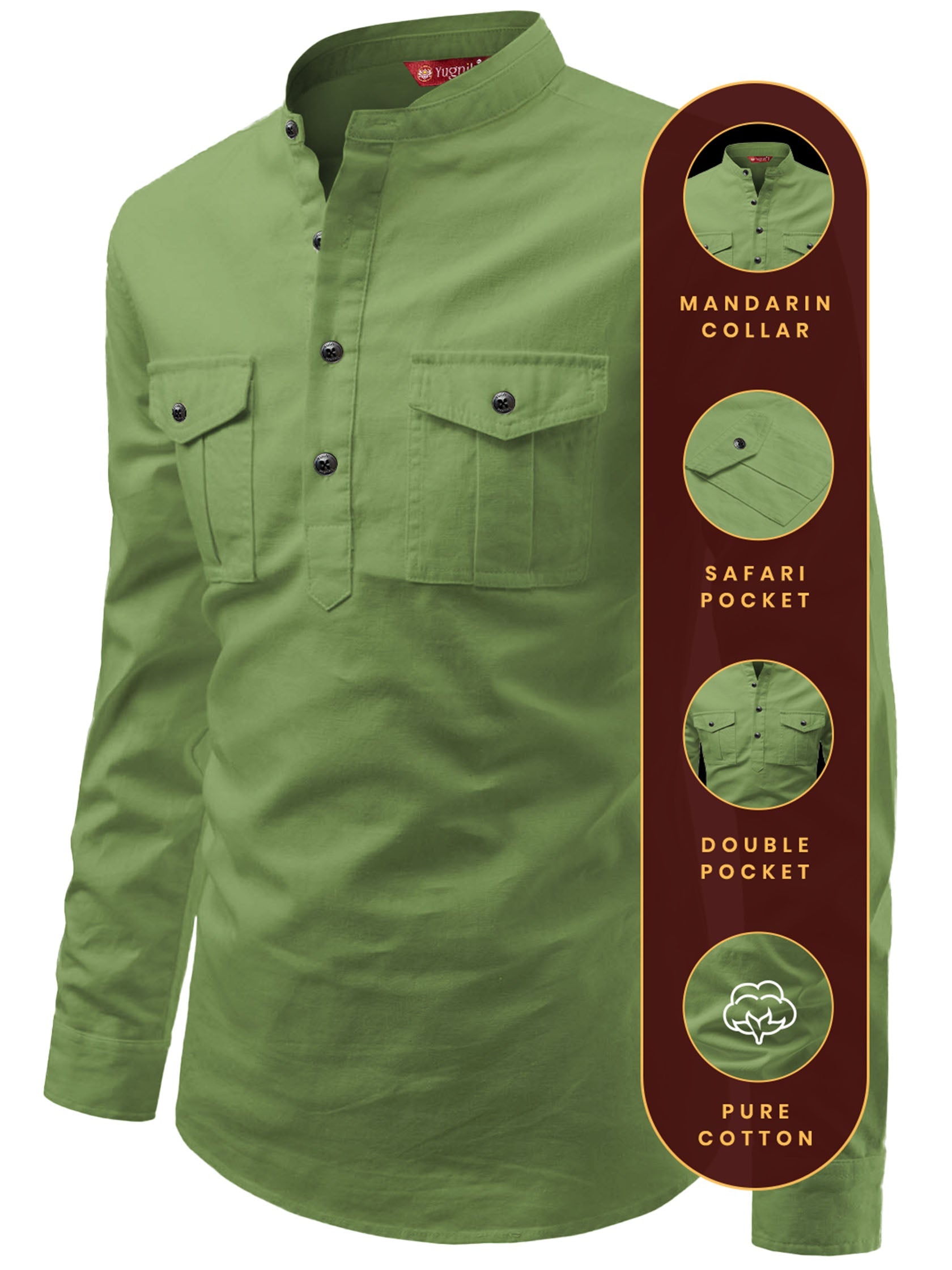 FireFish Men's Slim Fit Double Pocket Beige Color Pure Cotton Short Kurta