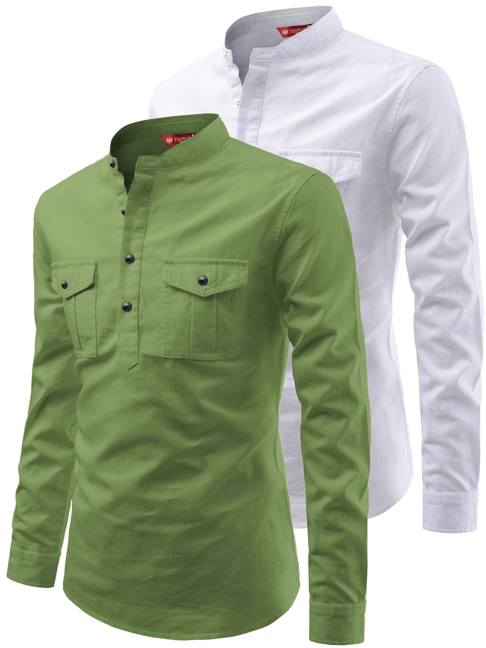 FireFish Men's Slim Fit Double Pocket Beige With White Cotton Short Kurta Pack 2