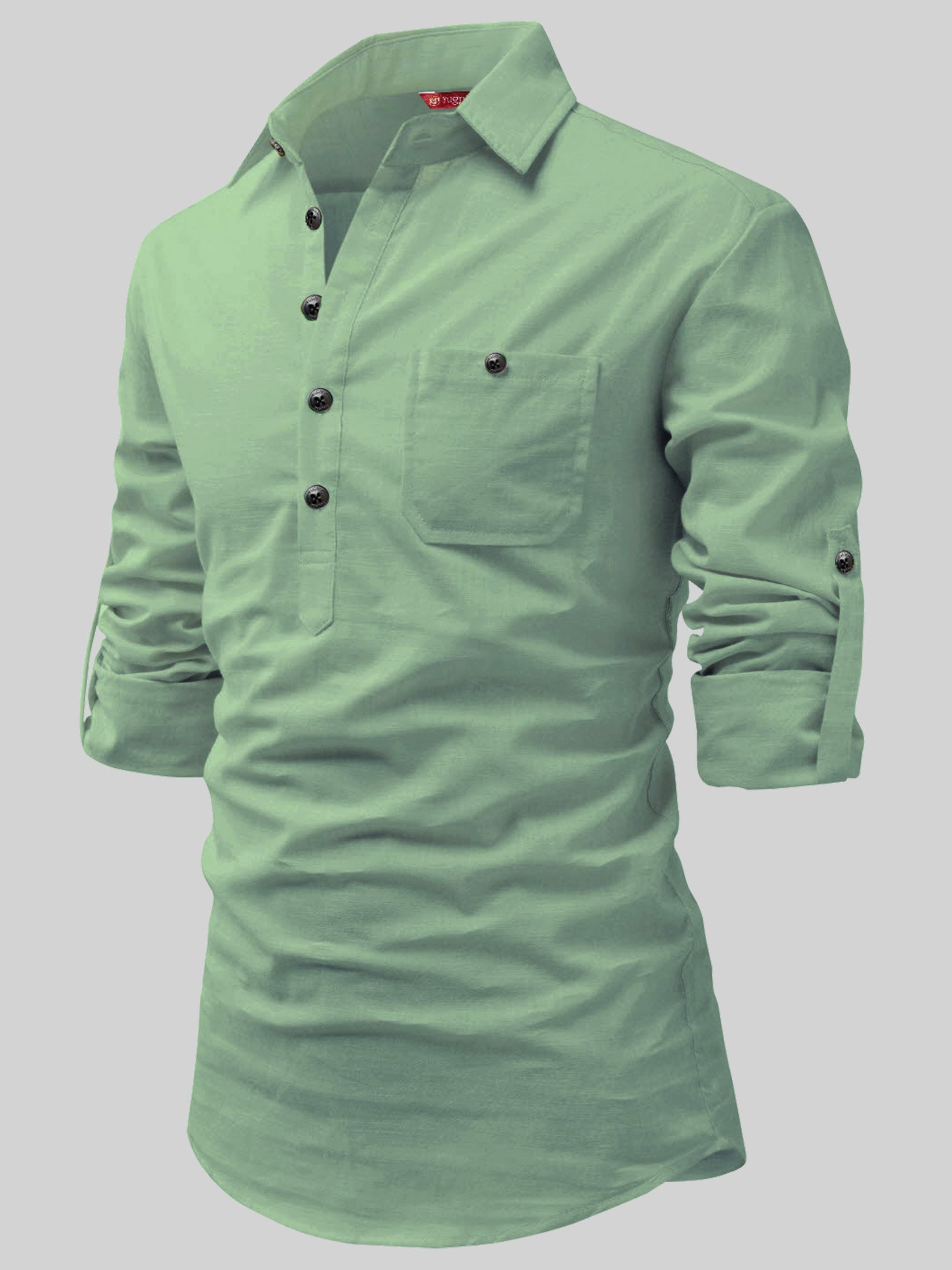 FireFish Men's Slim Fit Dark Teal With White Cotton Short Kurta Pack 2
