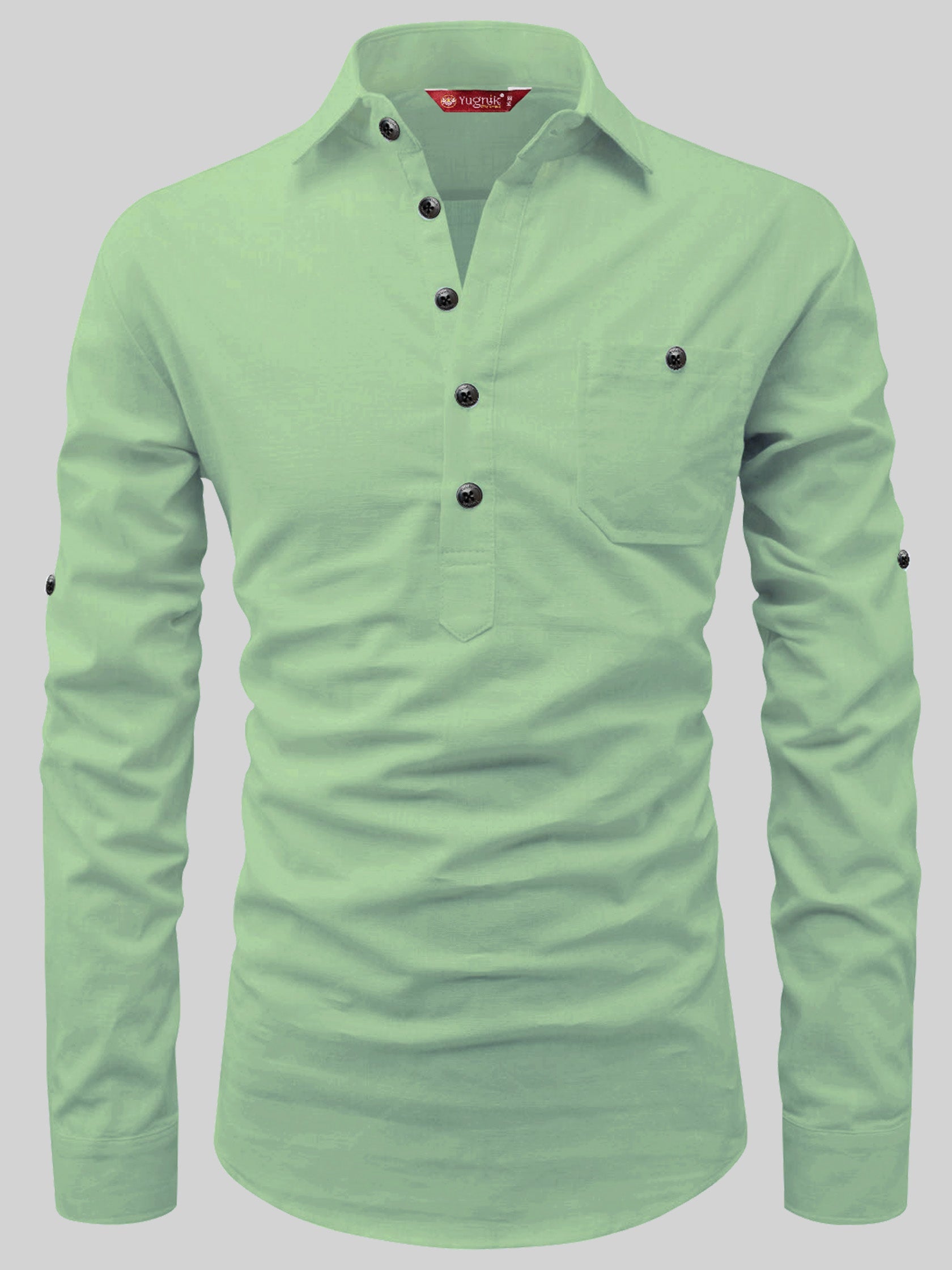 FireFish Men's Slim Fit Dark Teal With White Cotton Short Kurta Pack 2