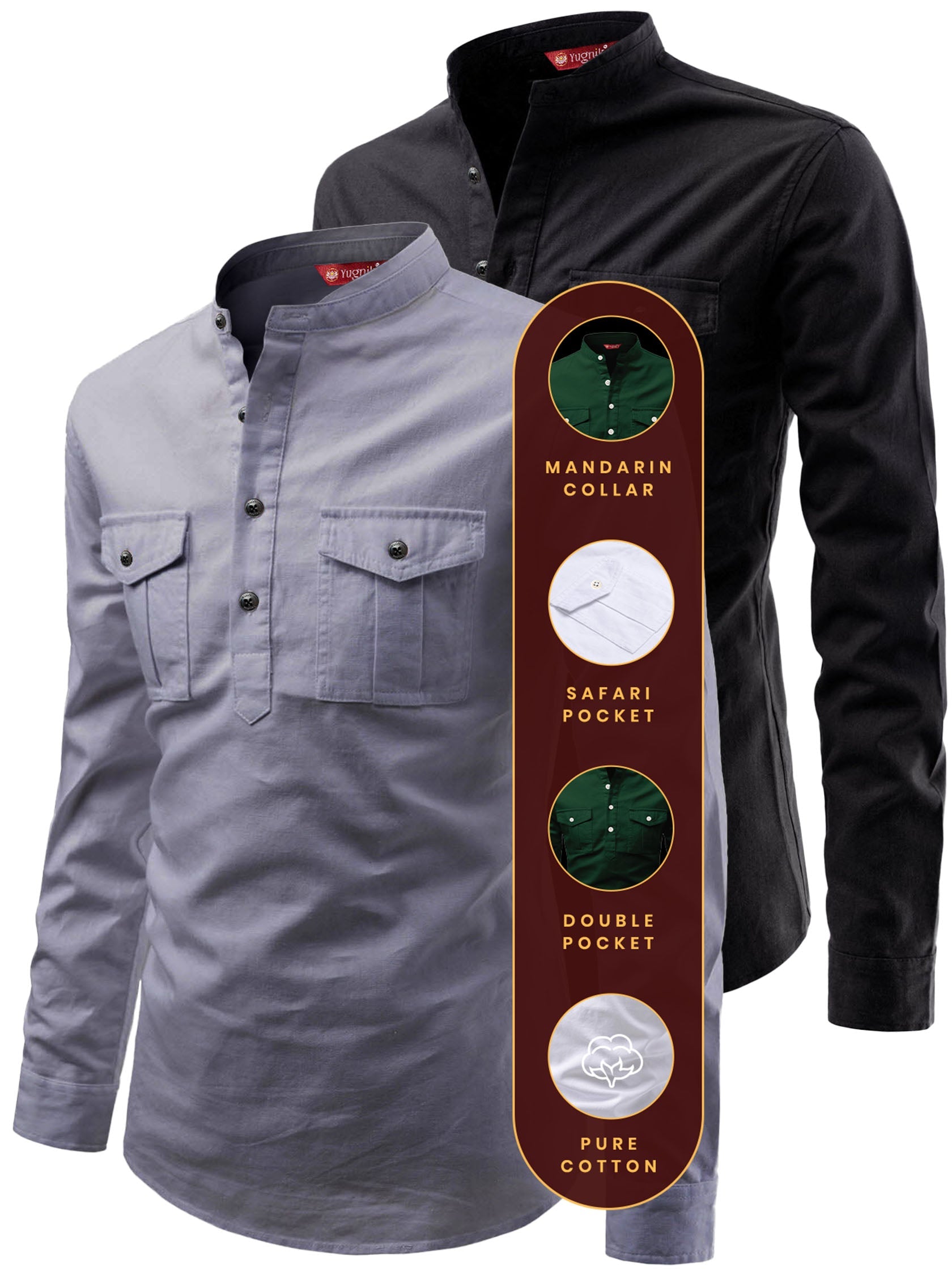 FireFish Men's Slim Fit Double Pocket Beige With Black Cotton Short Kurta Pack 2