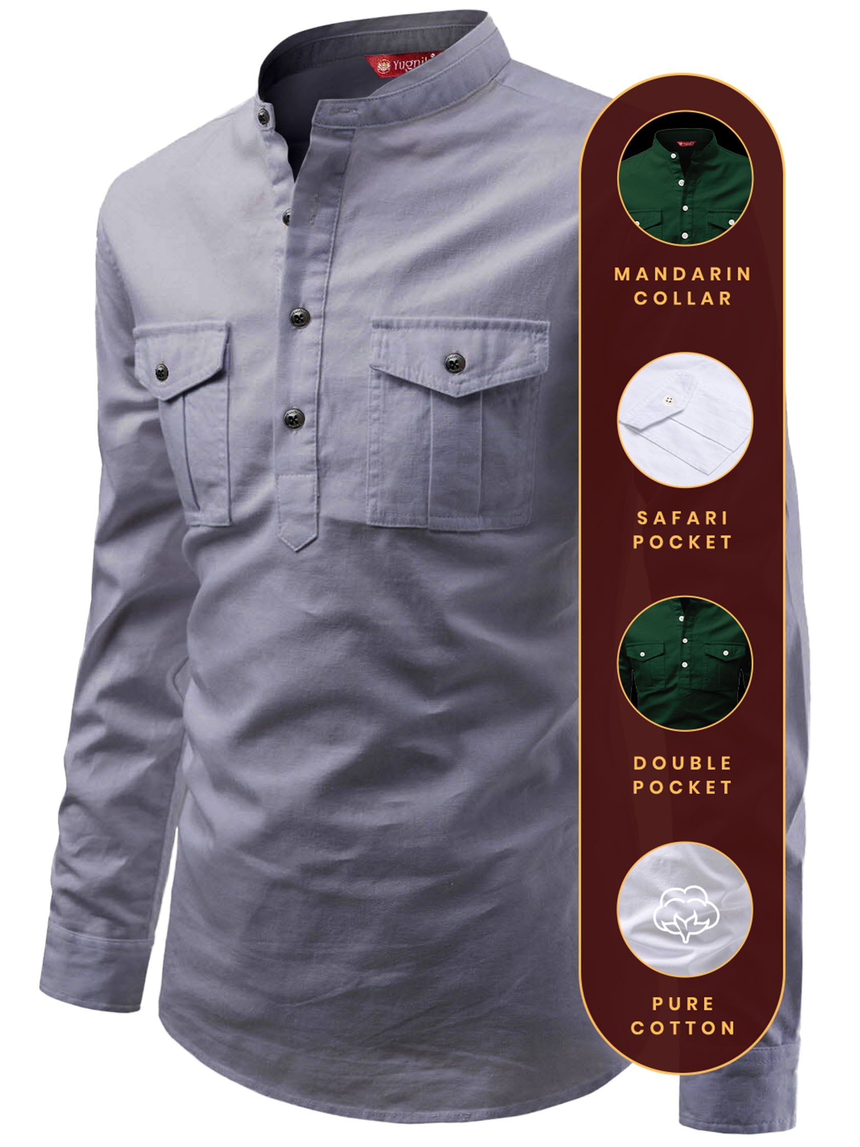 FireFish Men's Slim Fit Double Pocket Beige Color Pure Cotton Short Kurta