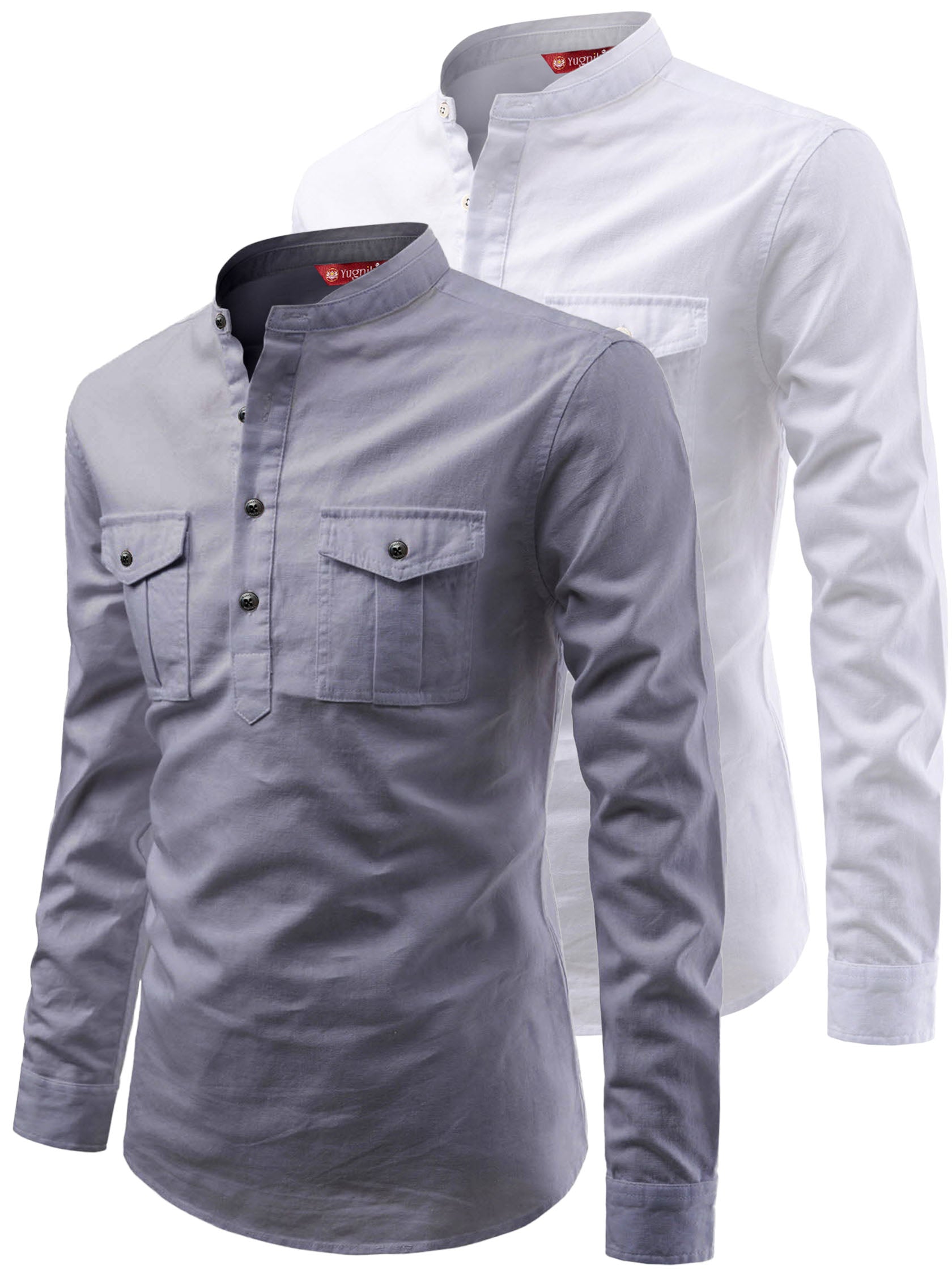 FireFish Men's Slim Fit Double Pocket Beige With White Cotton Short Kurta Pack 2