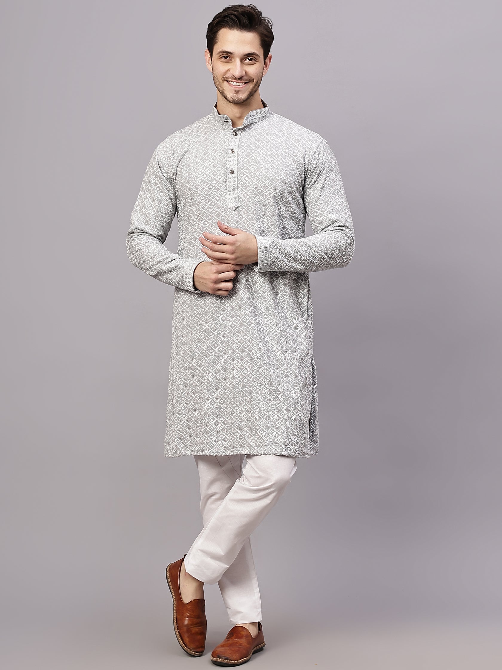 FireFish Men's Pista Chikankari Florist Sequined Long Kurta Set