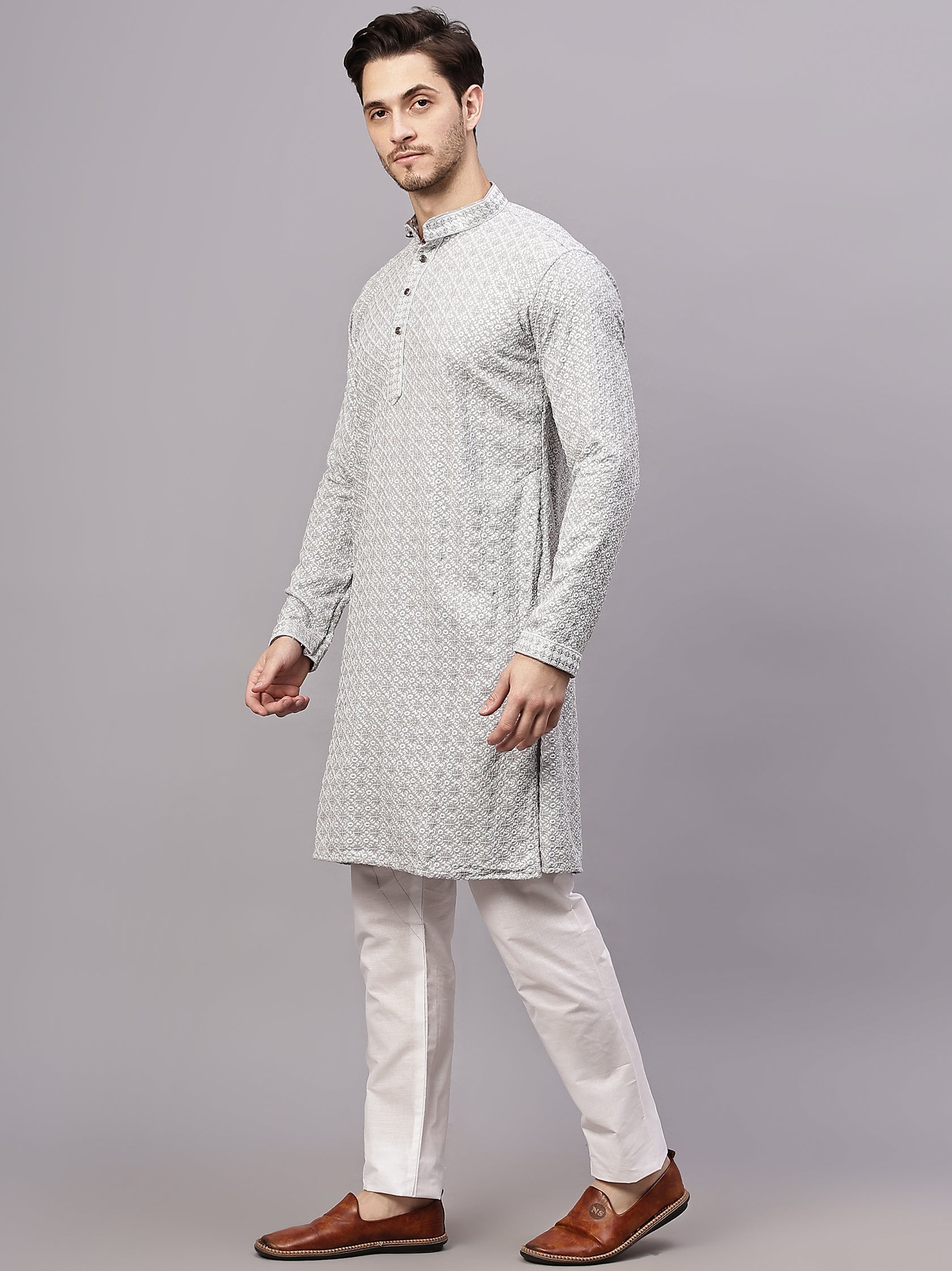 FireFish Men's Pista Chikankari Florist Sequined Long Kurta Set