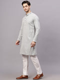 FireFish Men's Pista Chikankari Florist Sequined Long Kurta Set