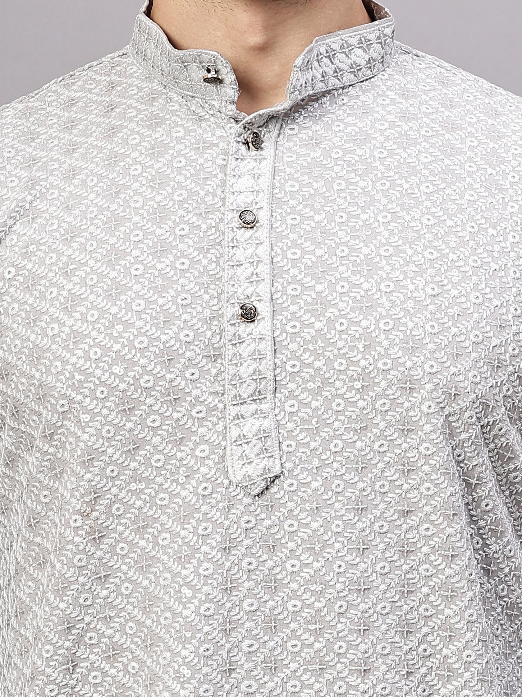 FireFish Men's Pista Chikankari Florist Sequined Long Kurta Set