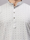 FireFish Men's Pista Chikankari Florist Sequined Long Kurta Set