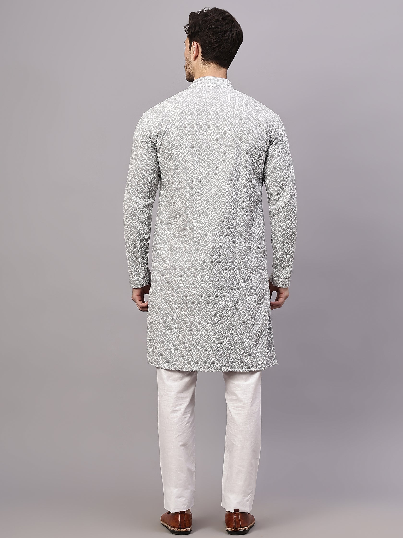 FireFish Men's Pista Chikankari Florist Sequined Long Kurta Set