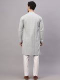 FireFish Men's Pista Chikankari Florist Sequined Long Kurta Set